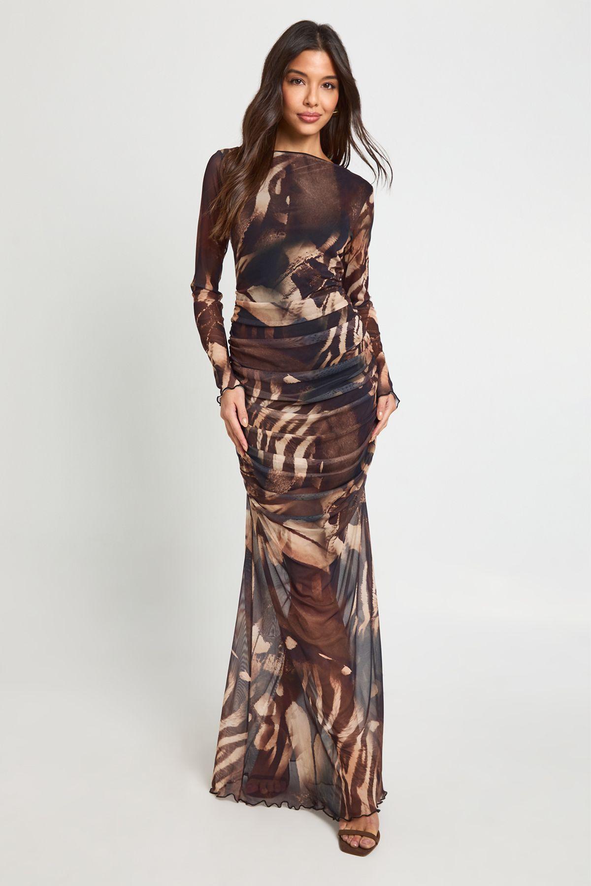 Tonal Print Ruched Mesh Maxi Dress by BOOHOO