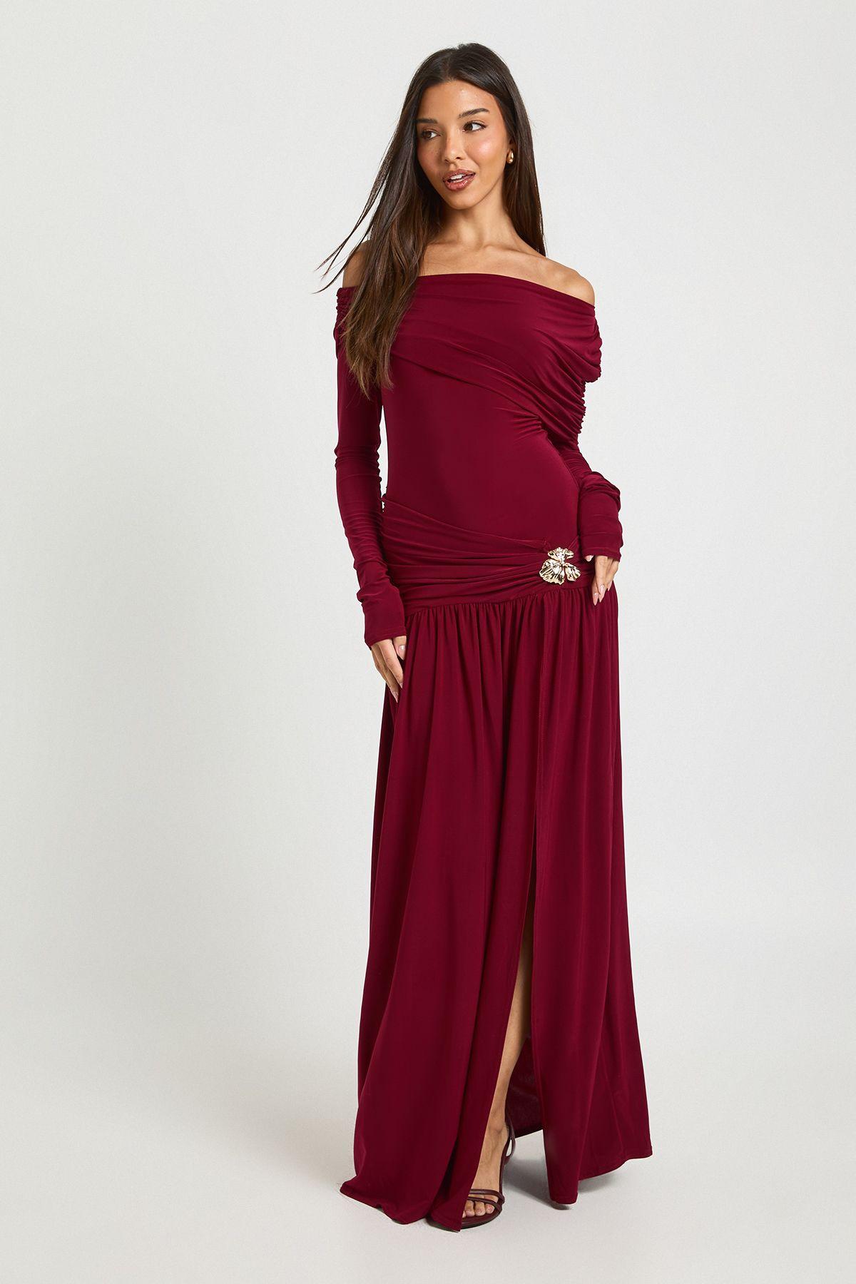 Trim Detail Asymmetric Long Sleeve Maxi Dress by BOOHOO