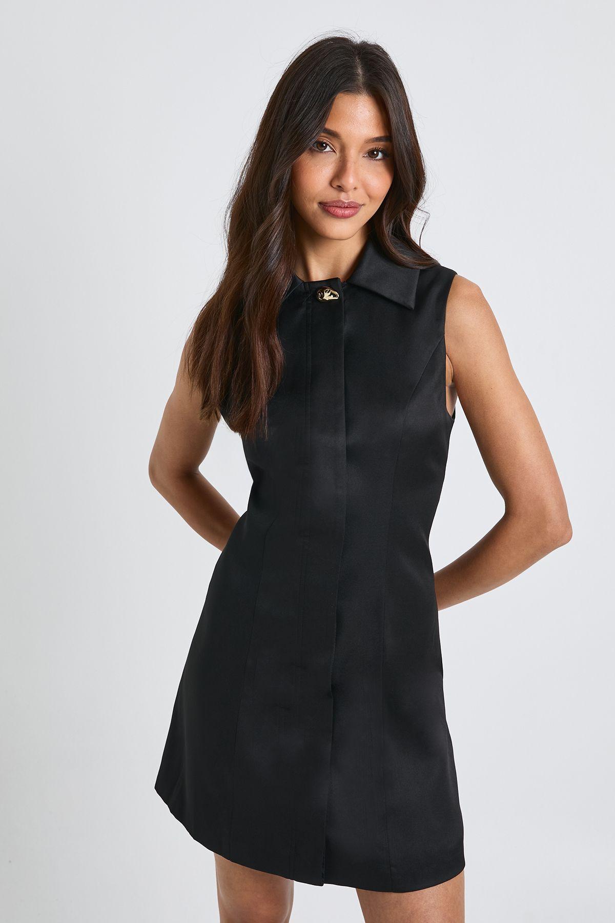 Trim Detail Collared Sleeveless Shift Dress by BOOHOO Trim Detail Collared Sleeveless Shift Dress by BOOHOO