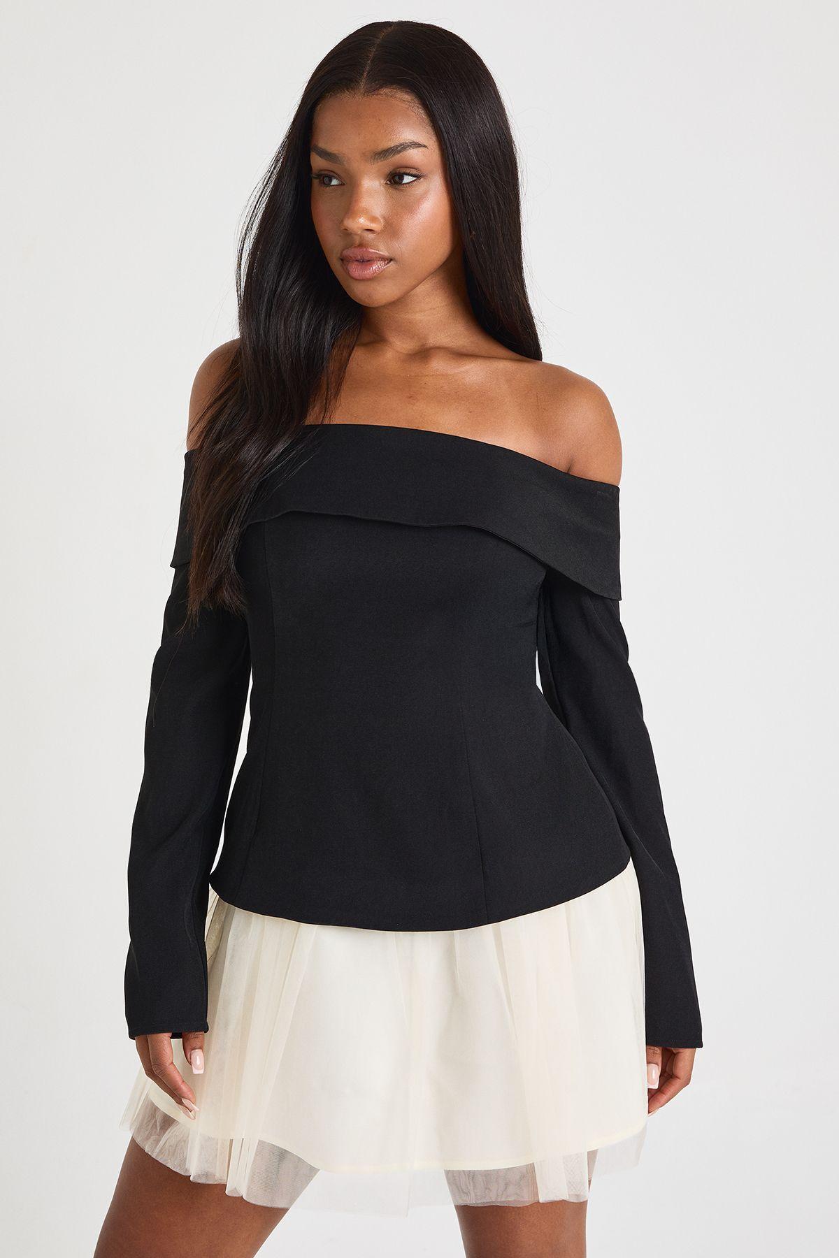 Tulle Bardot Tailored Mini Dress by BOOHOO Tulle Bardot Tailored Mini Dress by BOOHOO