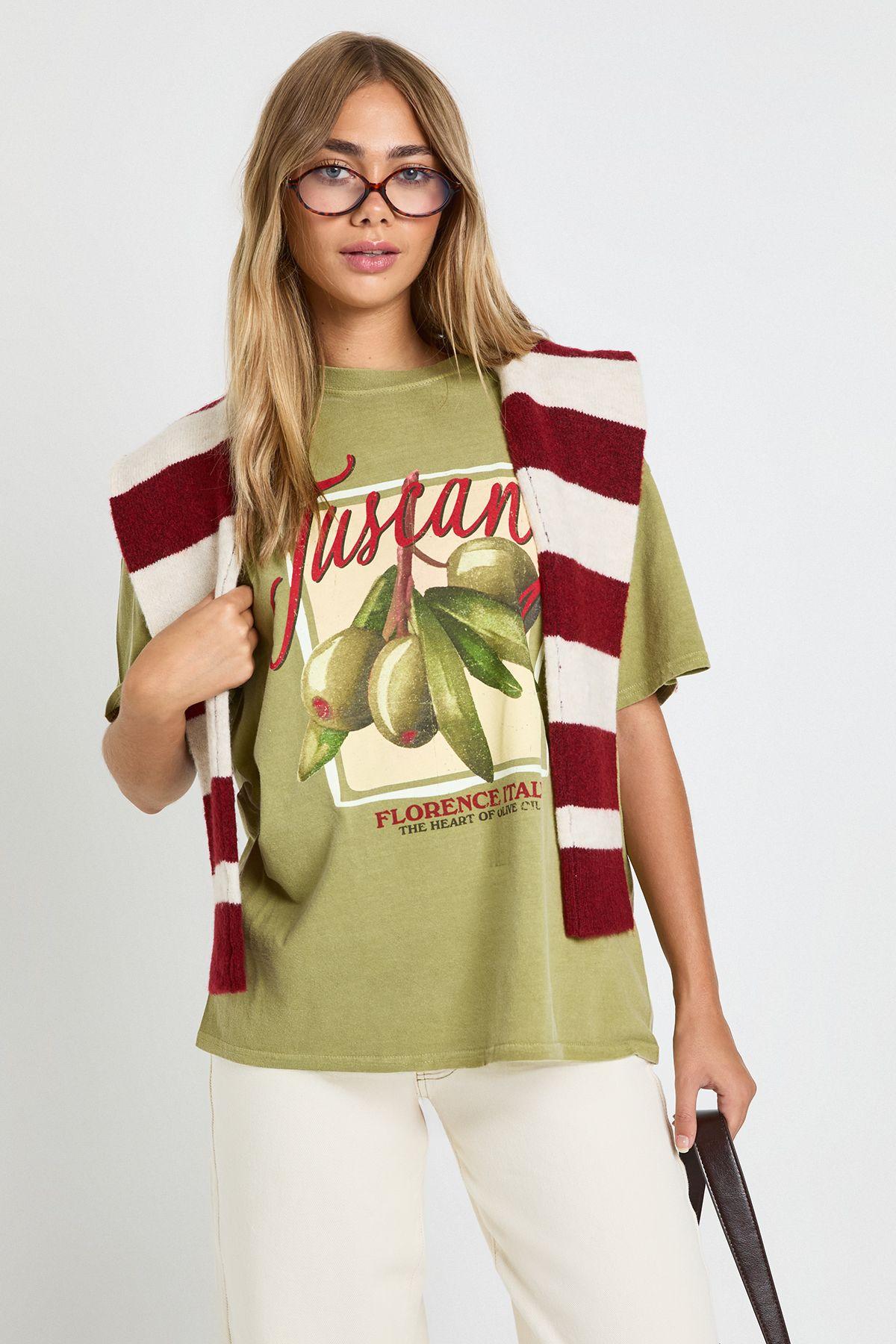 Tuscany Olives Printed Overdyed T-Shirt by BOOHOO