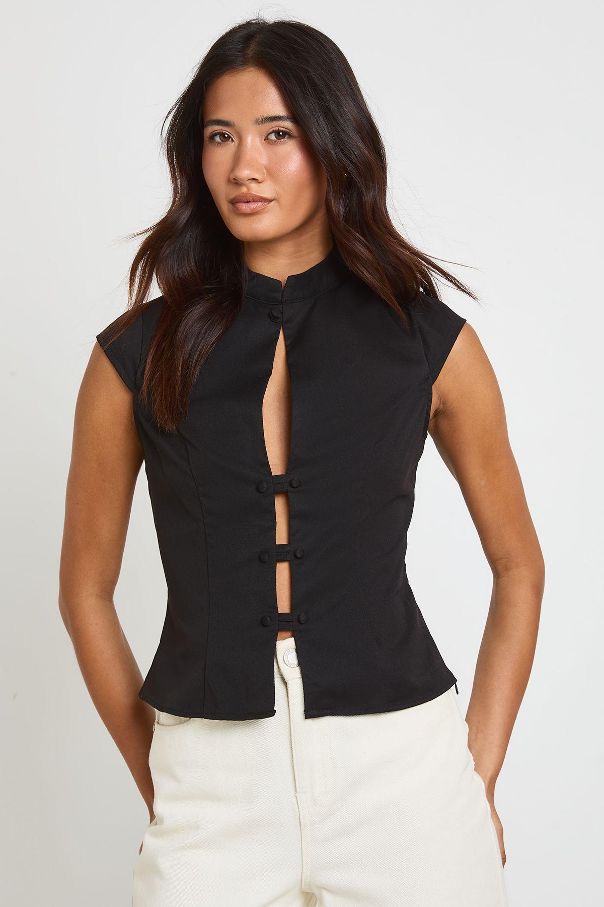 Twill Button Down Cap Sleeve Shirt by BOOHOO