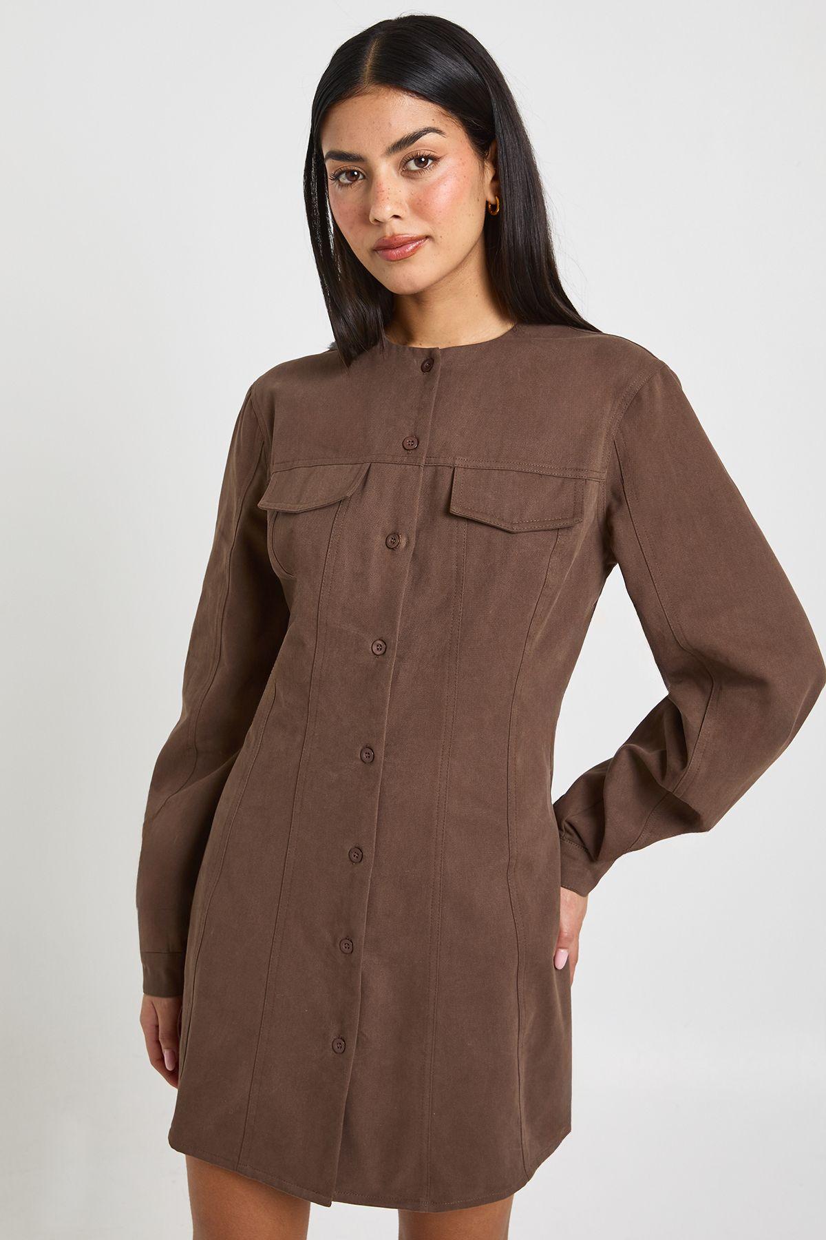 Twill Button Through Barrell Sleeve Shirt Dress by BOOHOO