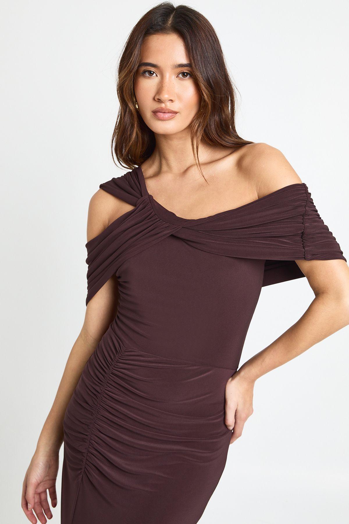 Twist Bardot Ruched Maxi Dress by BOOHOO