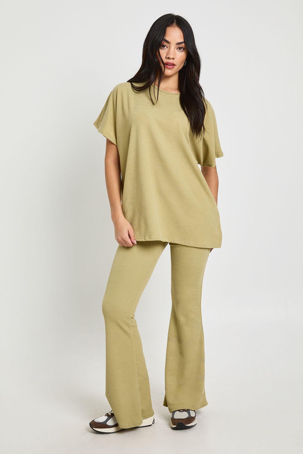 Two Tone Rib Flared Legging & Top Co Ord by BOOHOO
