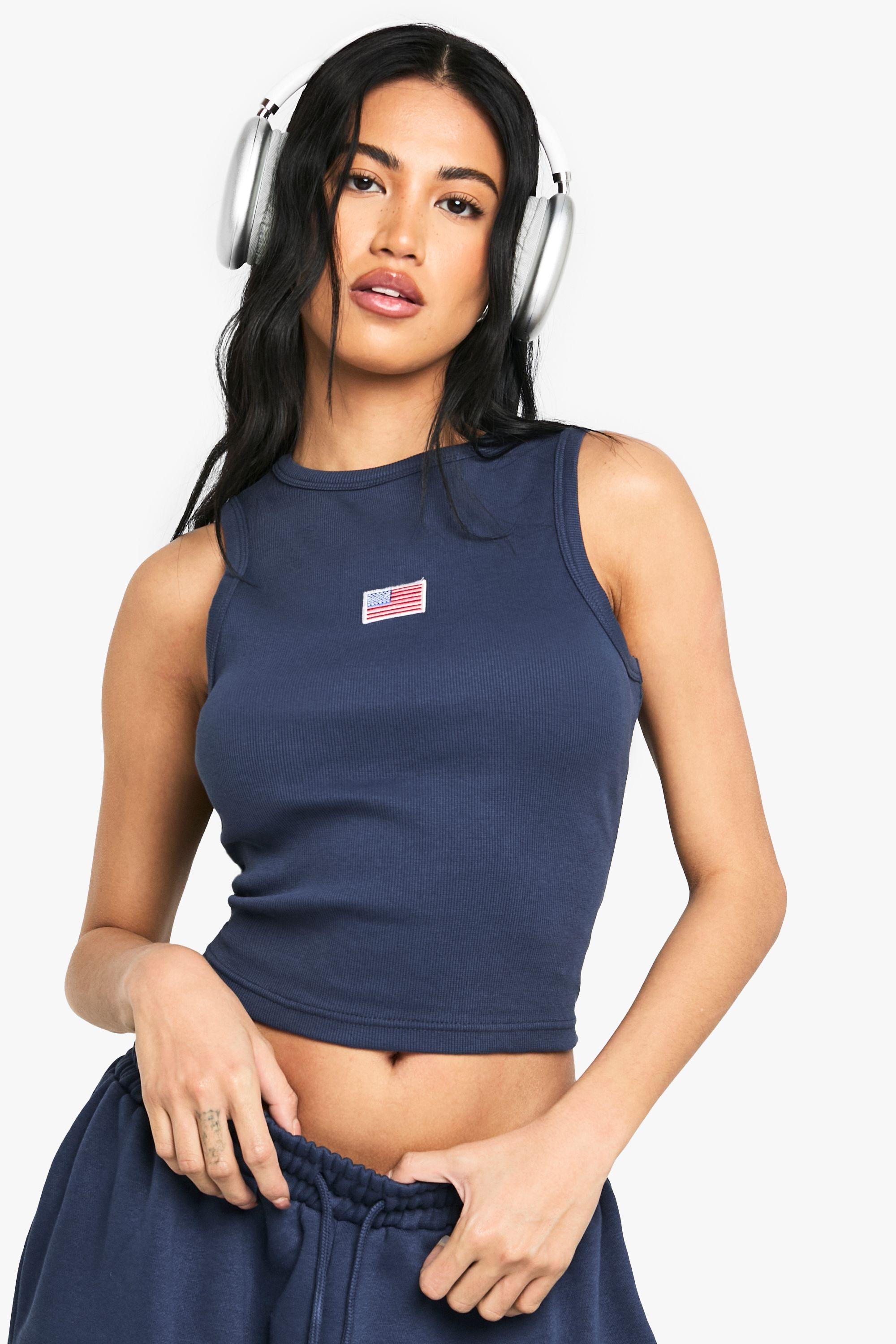 USA Flag Embroidered Rib Vest Top by BOOHOO