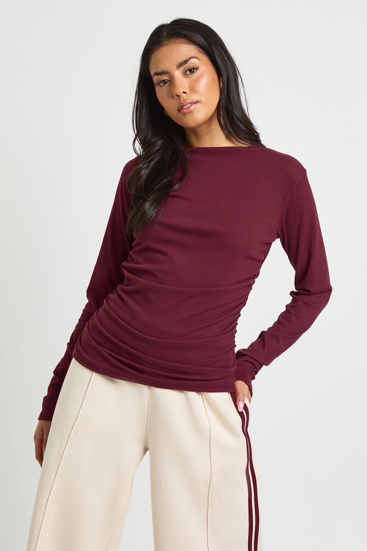 Ultra Soft Slash Neck Ruched Long Sleeve Top by BOOHOO
