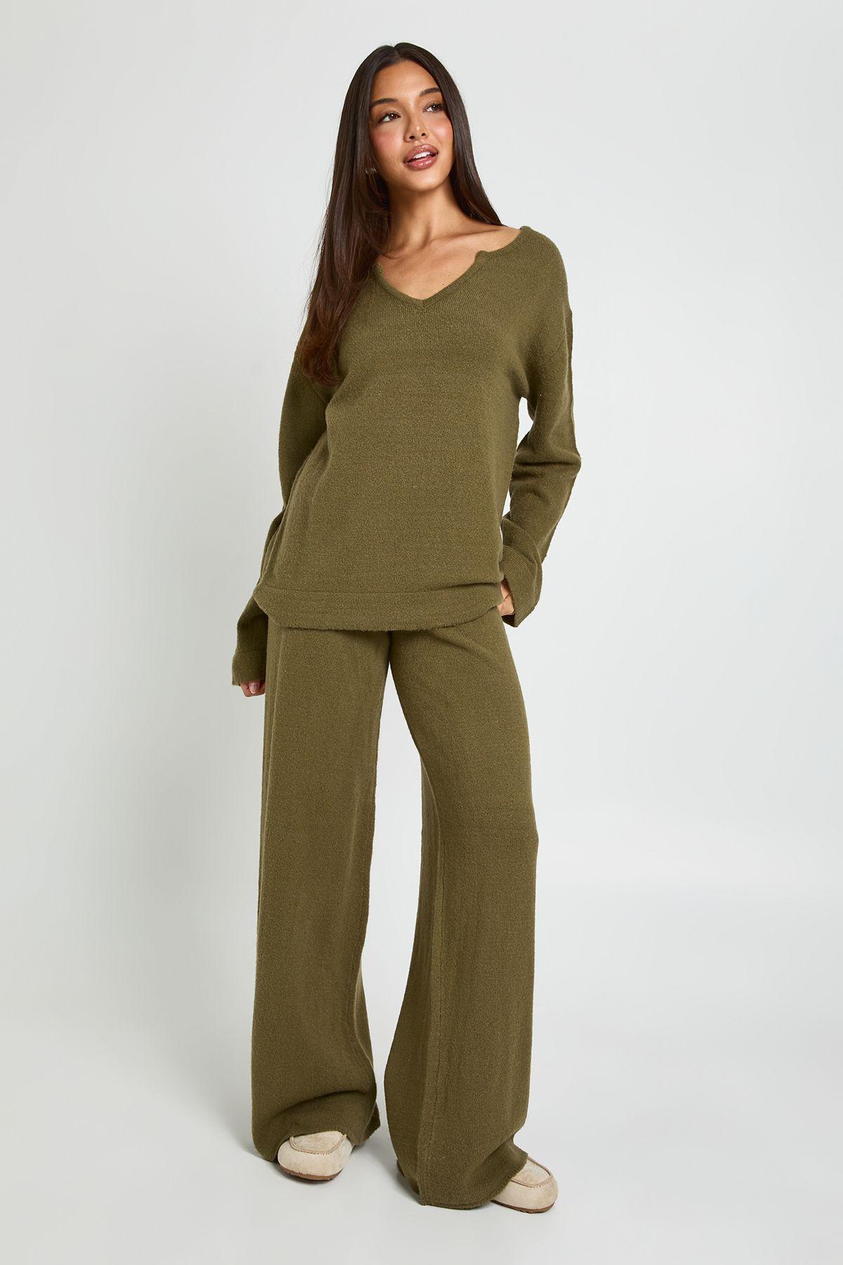 V Neck Detail Jumper and Wide Leg Trouser Co-Ord by BOOHOO