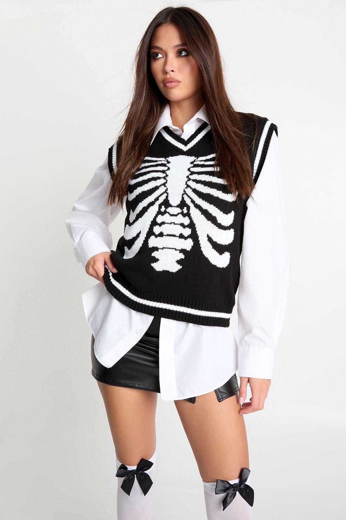 V Neck Knit Halloween Skeleton Waistcoat by BOOHOO