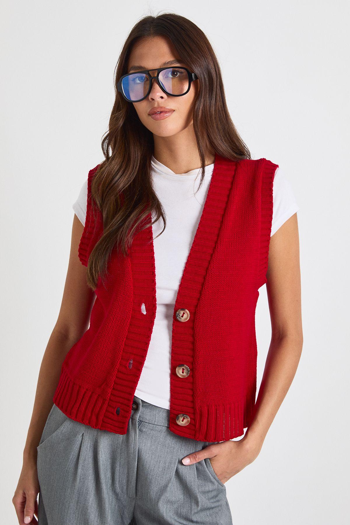 V Neck Knitted Lightweight Button Waistcoat by BOOHOO