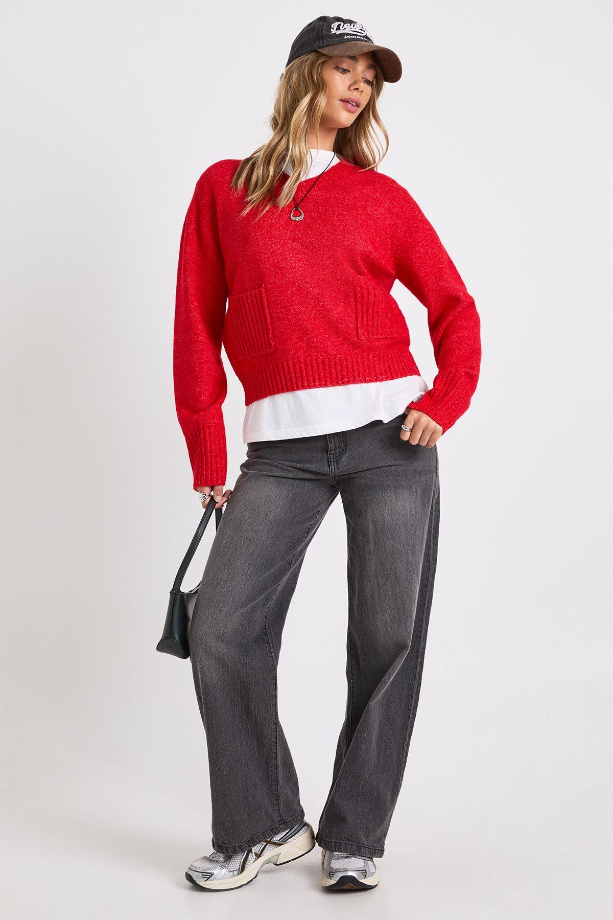 V Neck Pocket Detail Oversized Knitted Jumper by BOOHOO