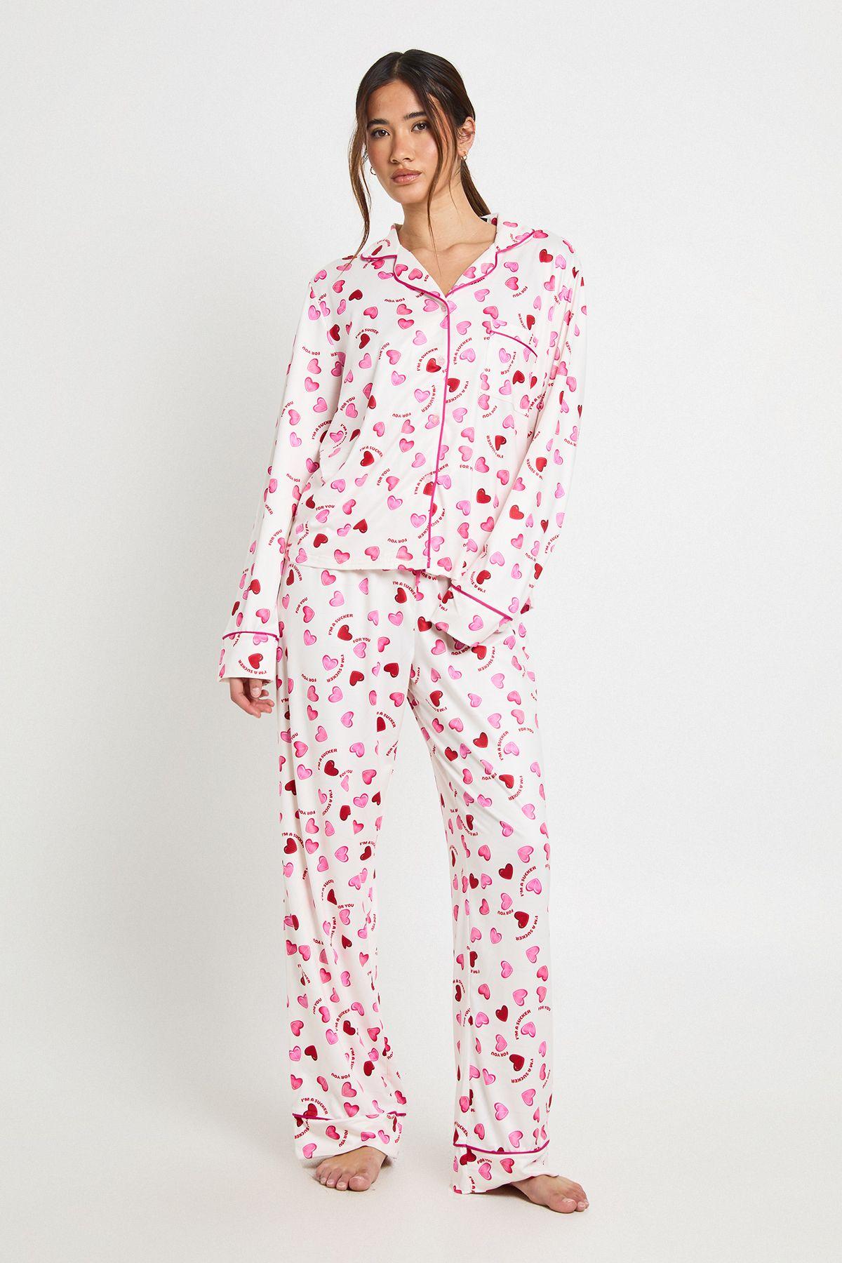 Valentines Heart Print Long Sleeve Shirt & Trouser 3 Piece Pyjama Set by BOOHOO
