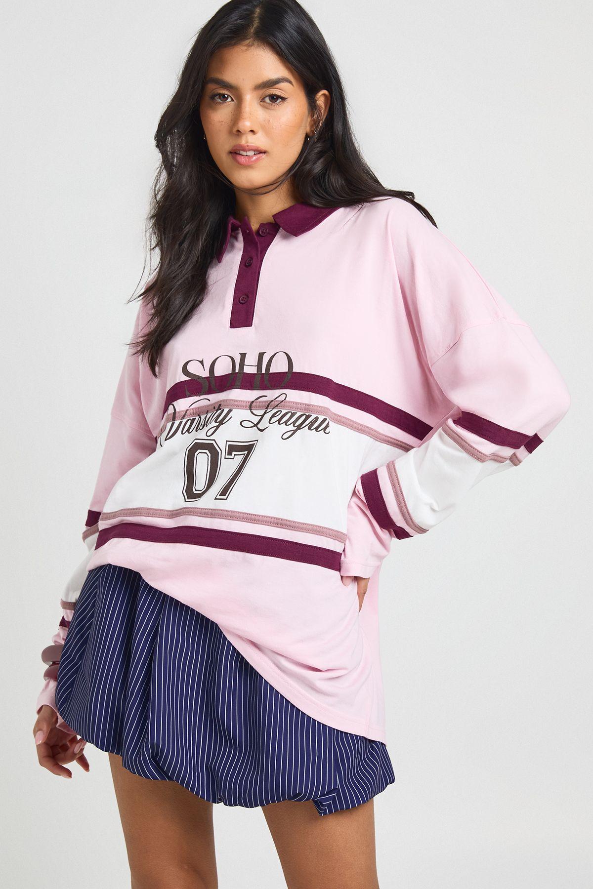 Varsity Graphic Front Contrast Rugby Top by BOOHOO