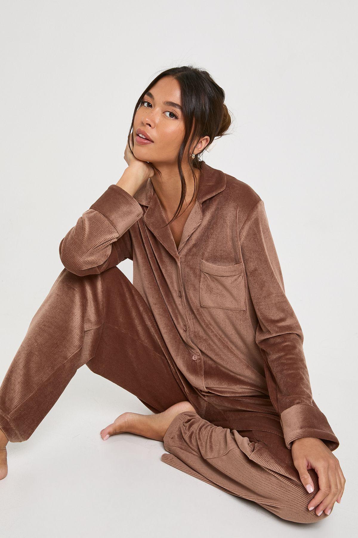 Velour Fleece Ribbed Long Sleeve Shirt & Trousers Lounge Set by BOOHOO