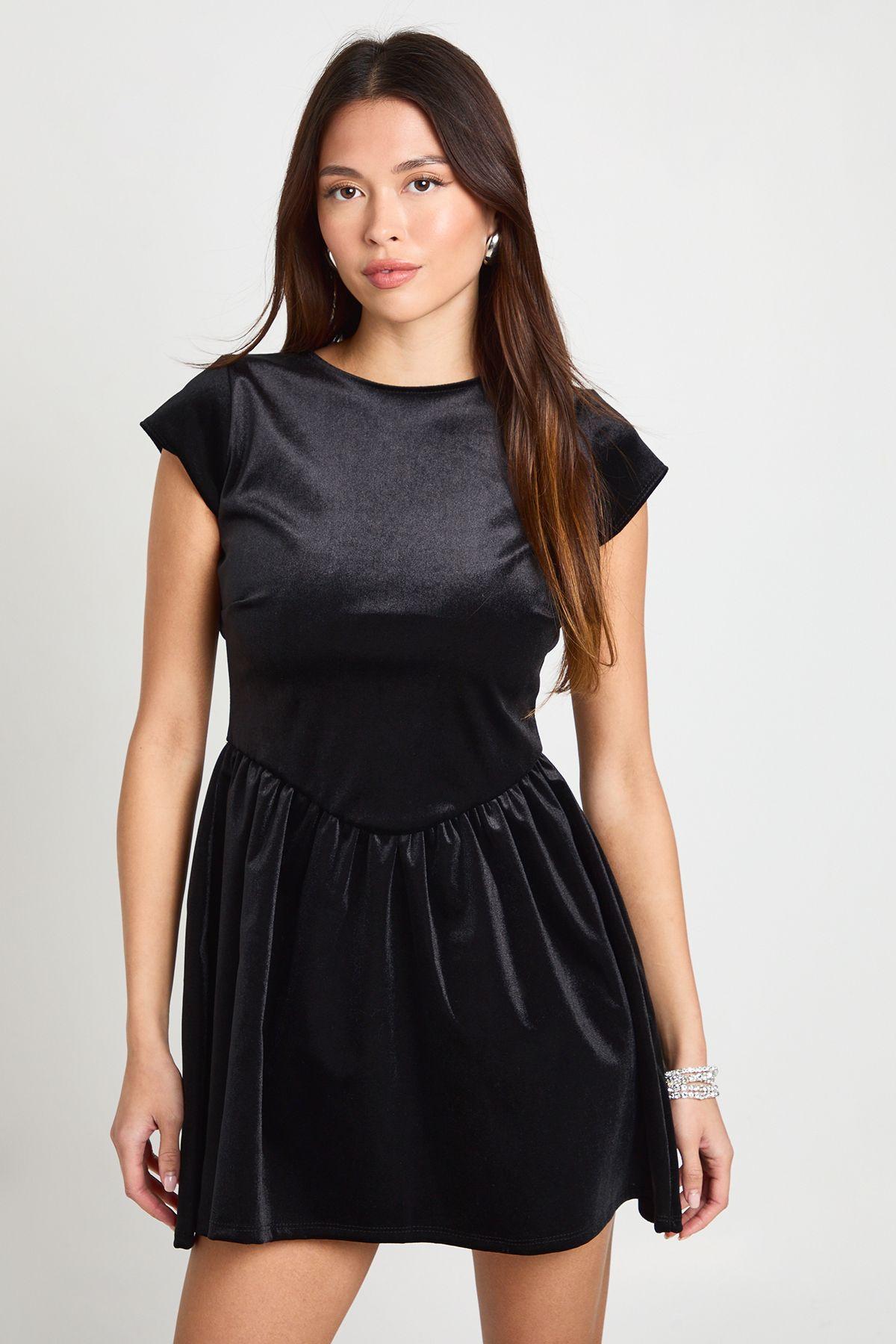 Velvet Full Skirt Backless Mini Dress by BOOHOO