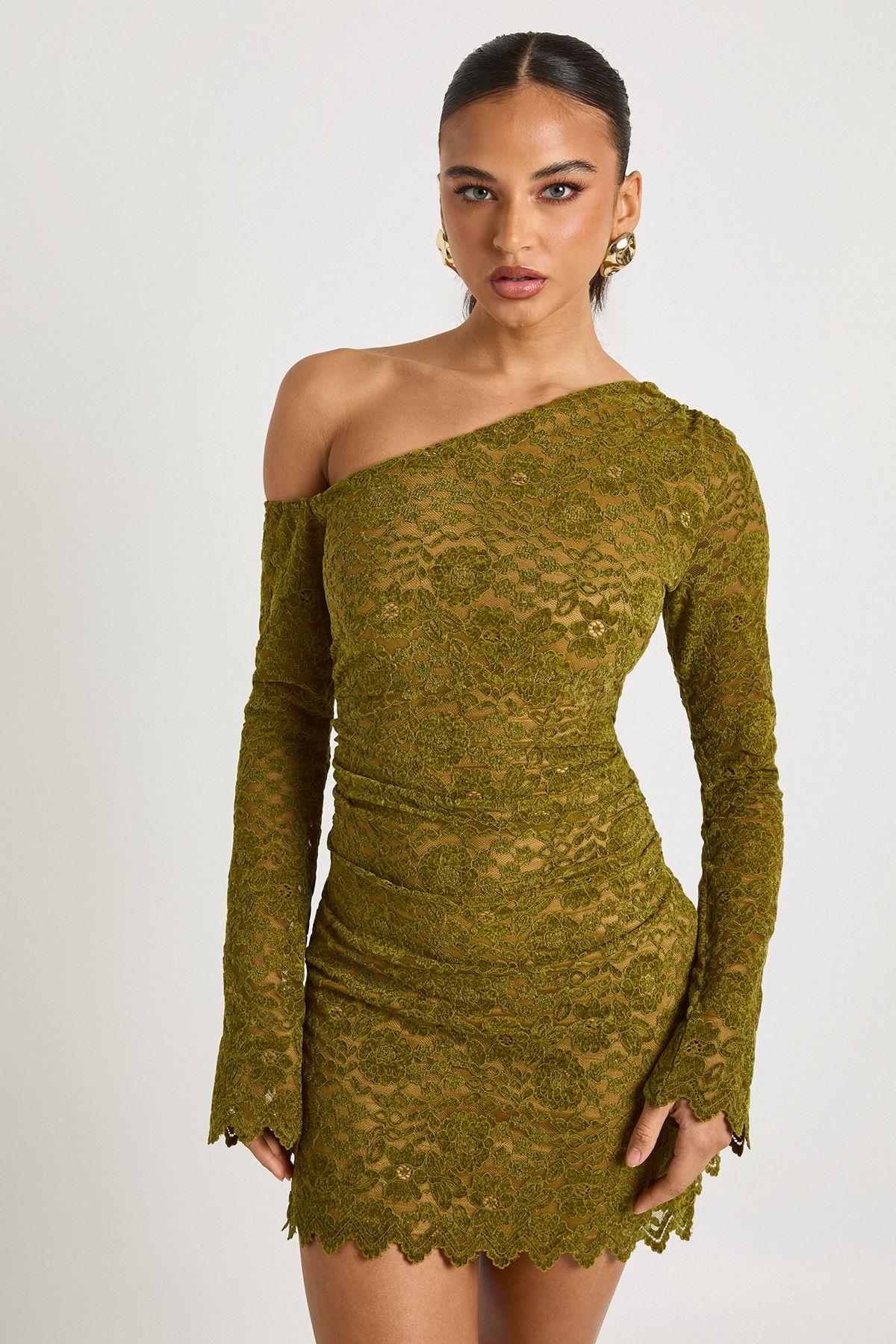 Velvet Lace Long Sleeve Mini Dress by BOOHOO