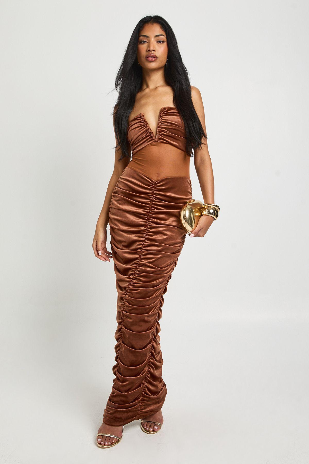 Velvet Mesh Plunge Ruched Maxi Dress by BOOHOO