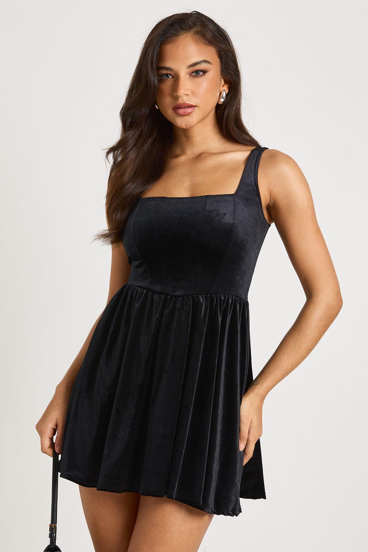Velvet Milkmaid Square Neck Mini Dress by BOOHOO