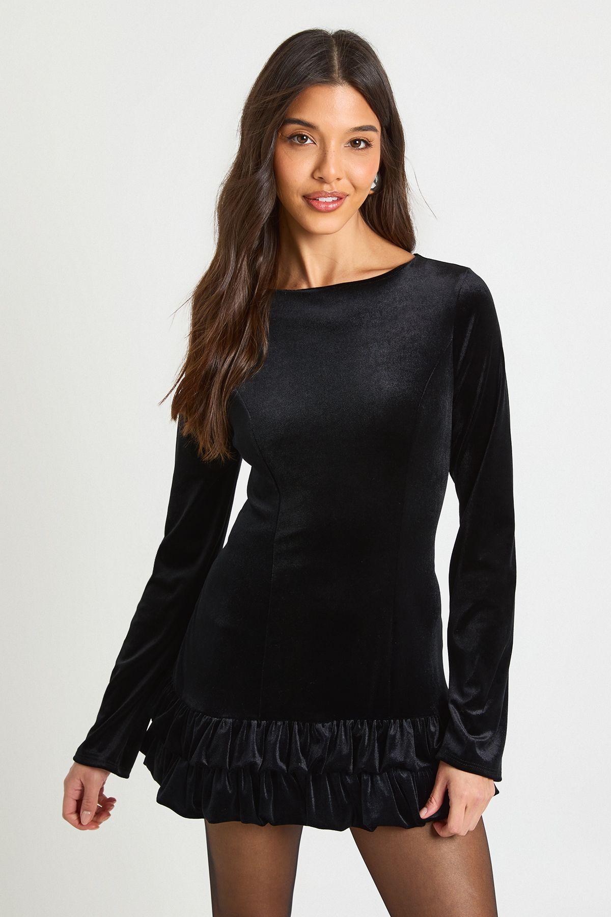 Velvet Ruffle Hem Long Sleeve Mini Dress by BOOHOO
