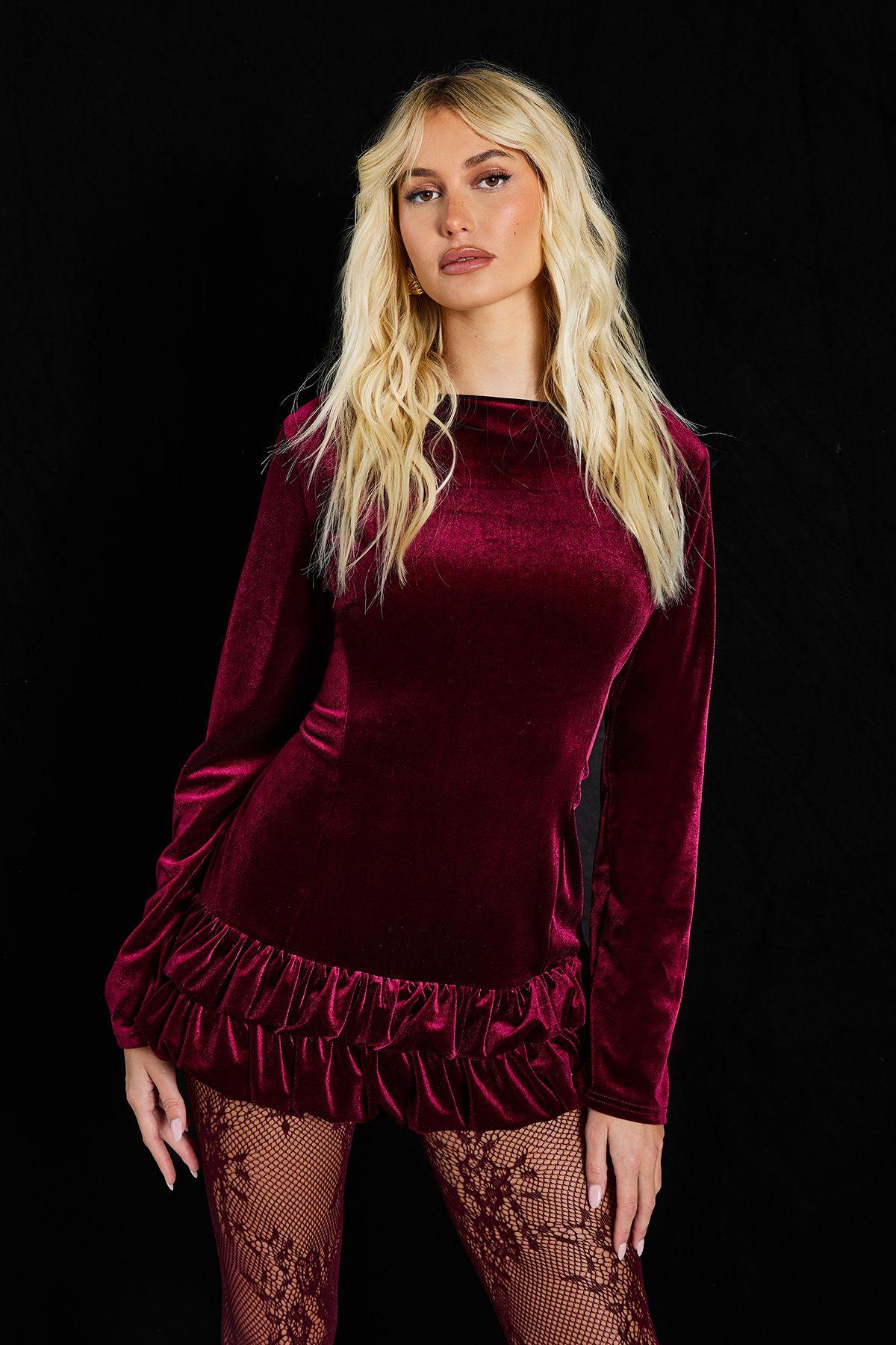Velvet Ruffle Hem Long Sleeve Mini Dress by BOOHOO