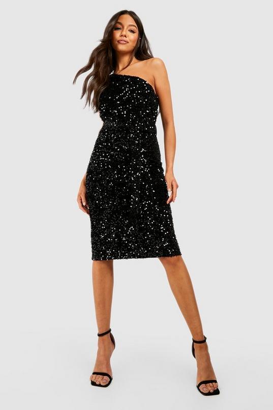 Velvet Sequin Asymmetric Belted Midi Party Dress by BOOHOO