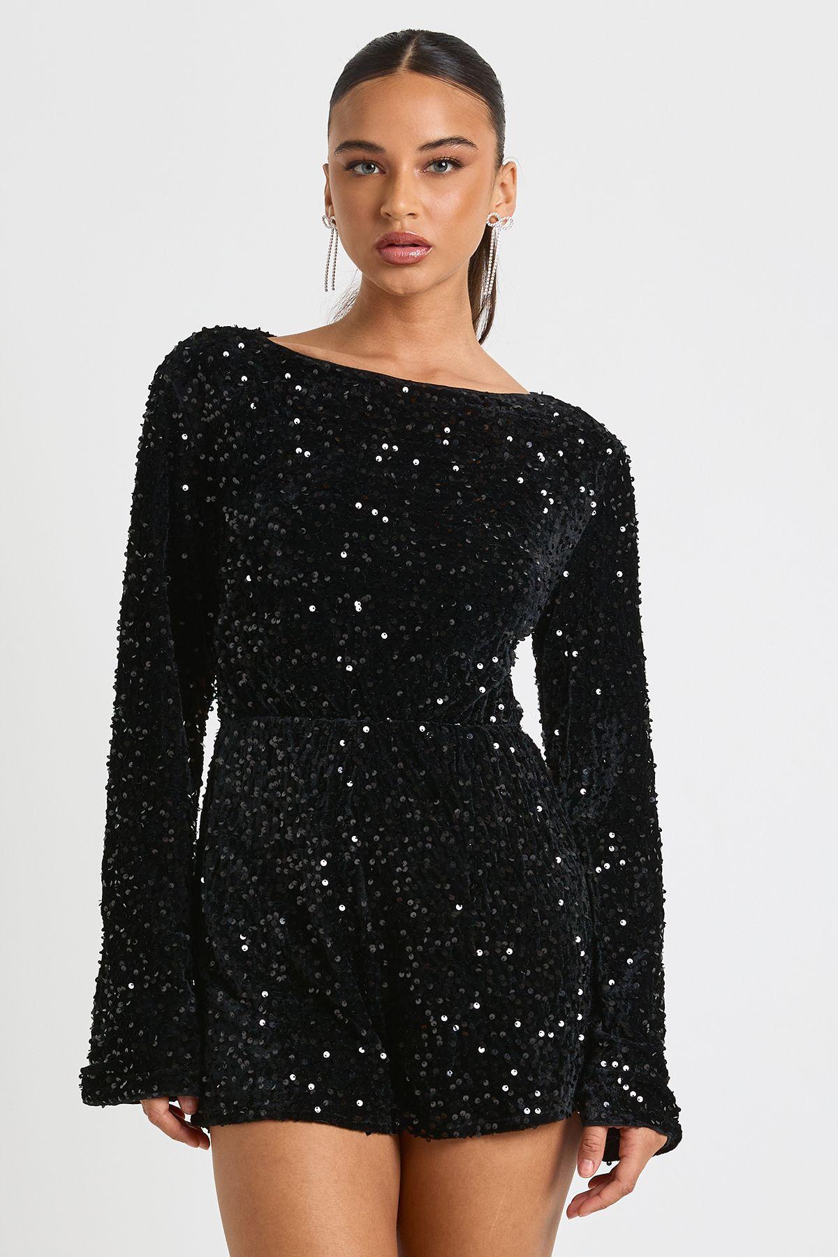 Velvet Sequin Flare Sleeve Playsuit by BOOHOO