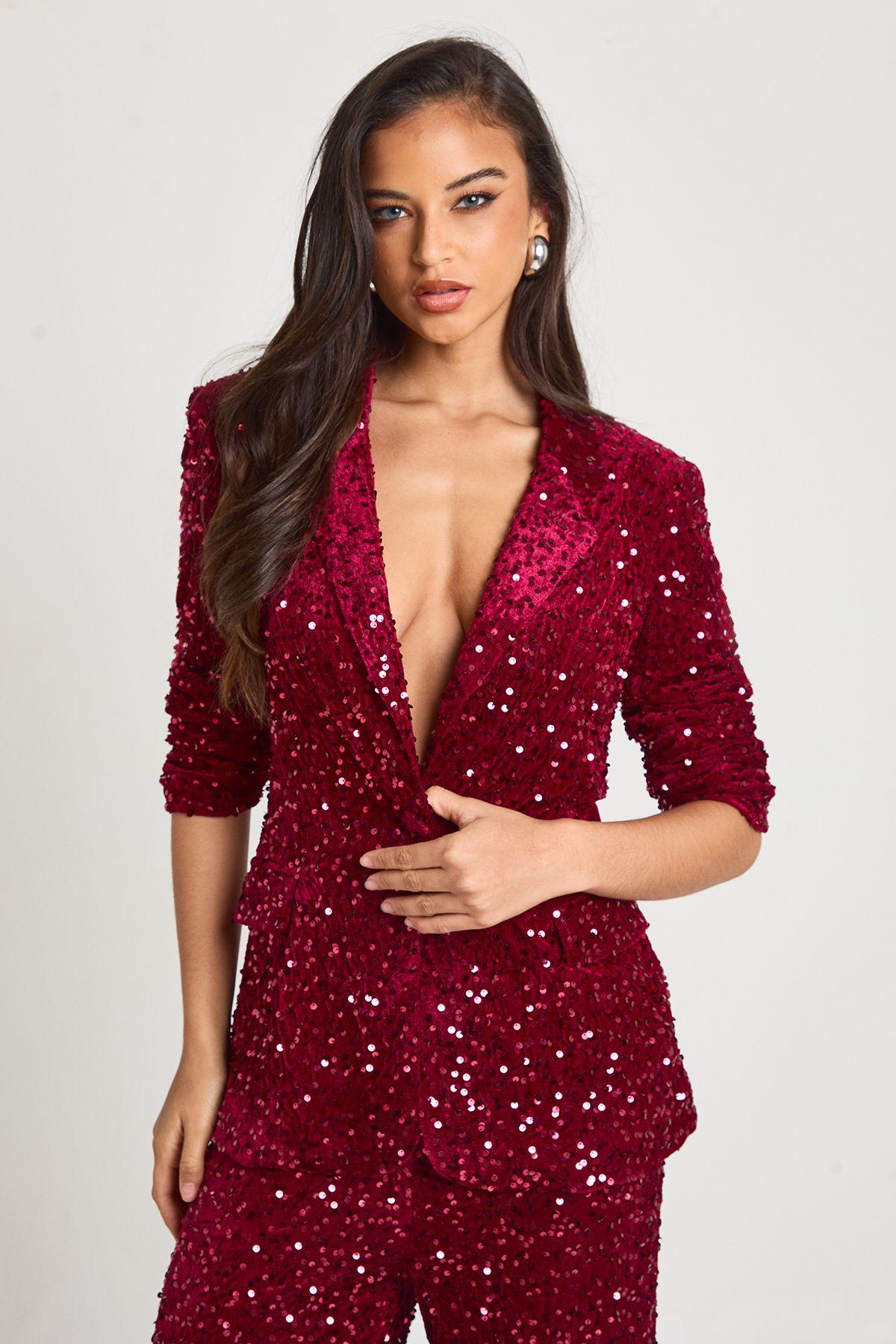 Velvet Sequin Plunge Front Blazer by BOOHOO
