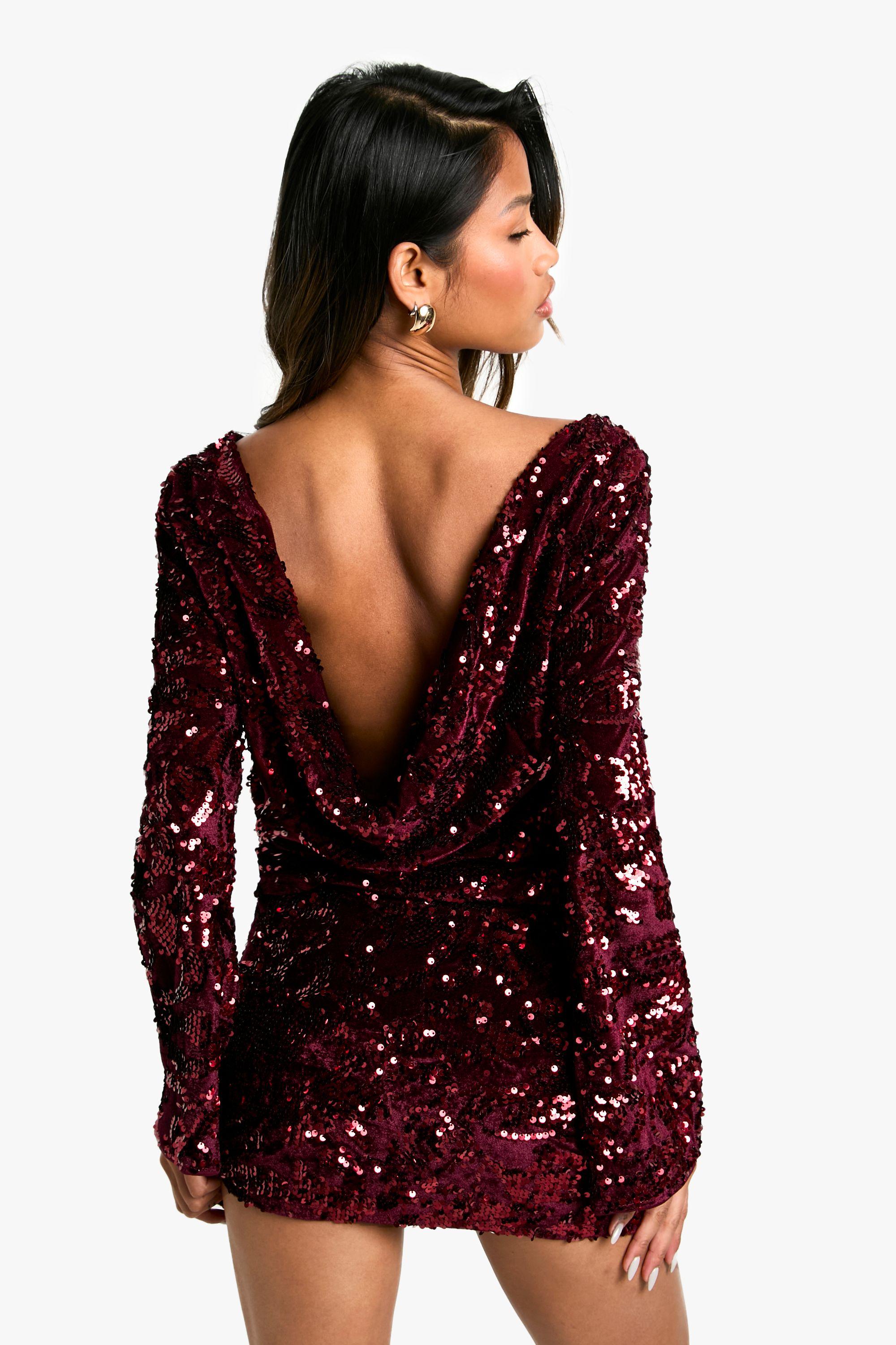 Velvet Sequin Scoop Back Long Sleeve Top by BOOHOO