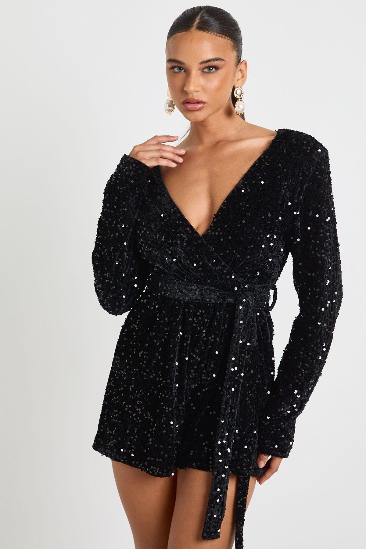 Velvet Sequin Wrap Playsuit by BOOHOO