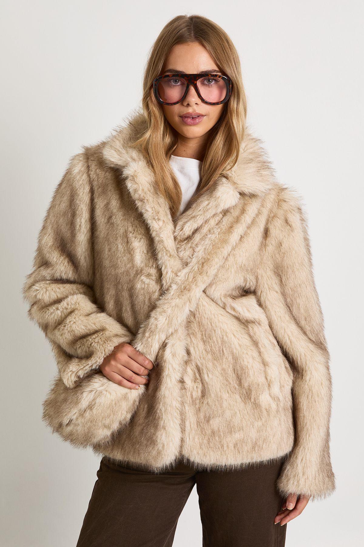 Vintage Look Faux Fur Jacket with Bag by BOOHOO