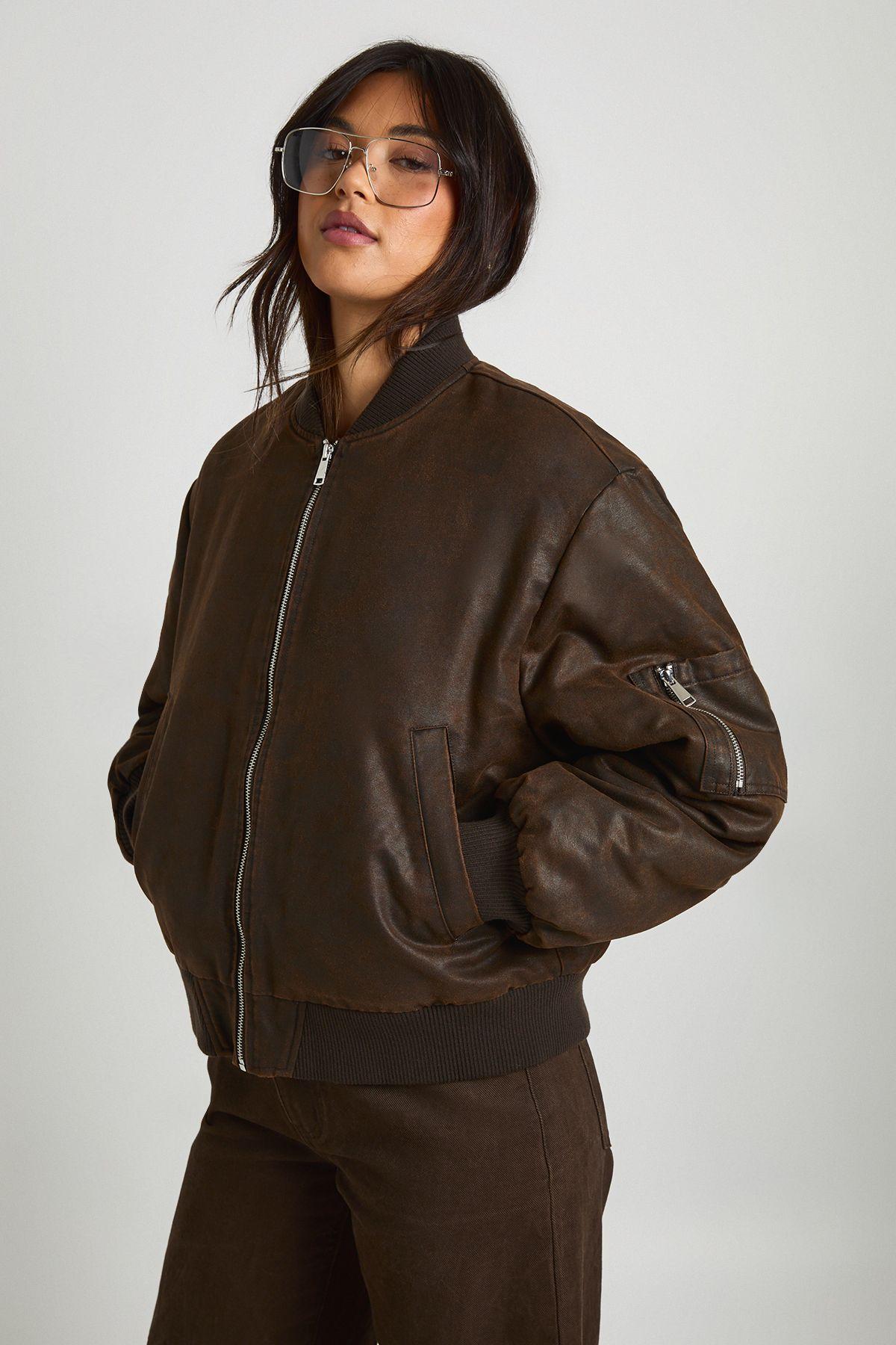 Vintage Look Faux Leather Oversized Bomber Jacket by BOOHOO