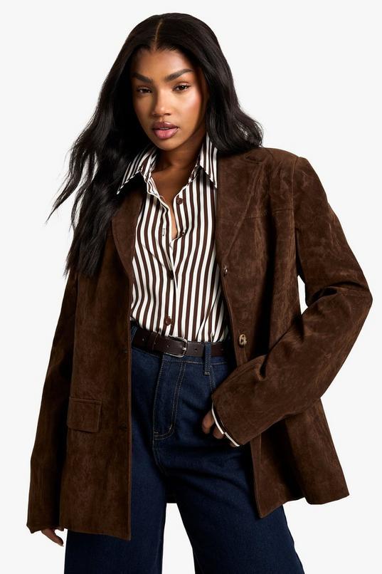 Vintage Look Faux Suede Oversized Blazer by BOOHOO