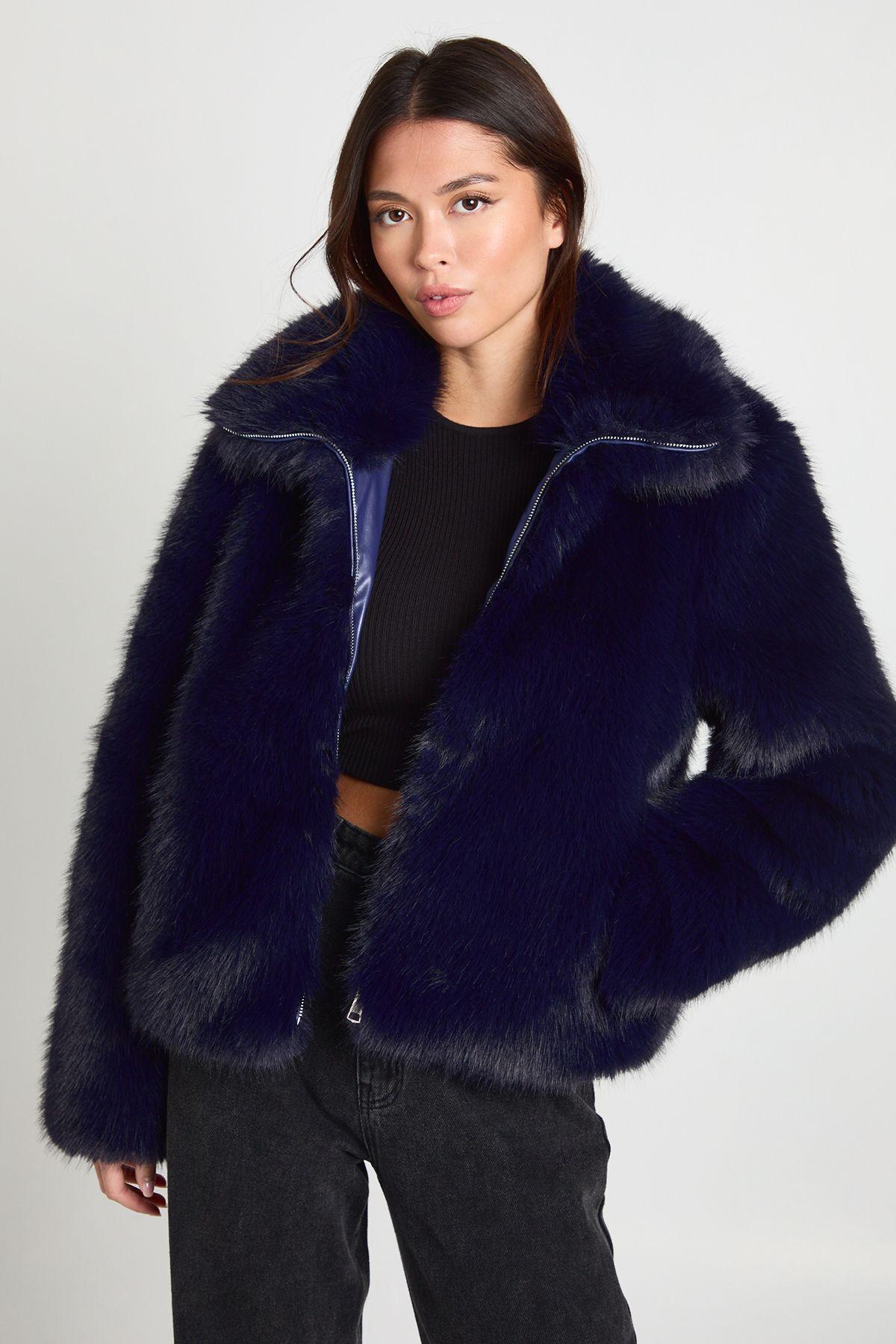 Vintage Look Funnel Neck Faux Fur Jacket by BOOHOO