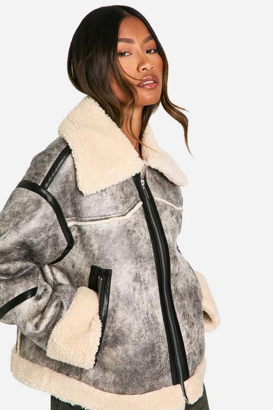 Vintage Look Teddy Trim Aviator Jacket by BOOHOO Vintage Look Teddy Trim Aviator Jacket by BOOHOO