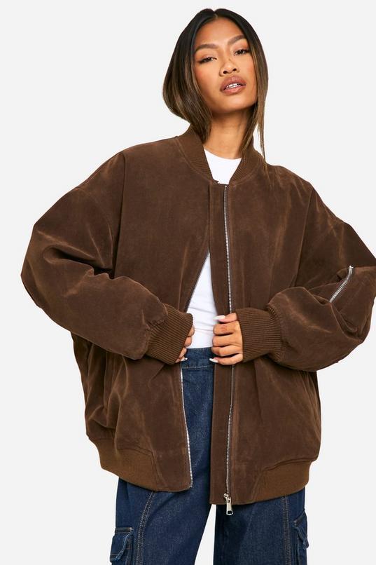 Vintage Suede Look Oversized Bomber Jacket by BOOHOO