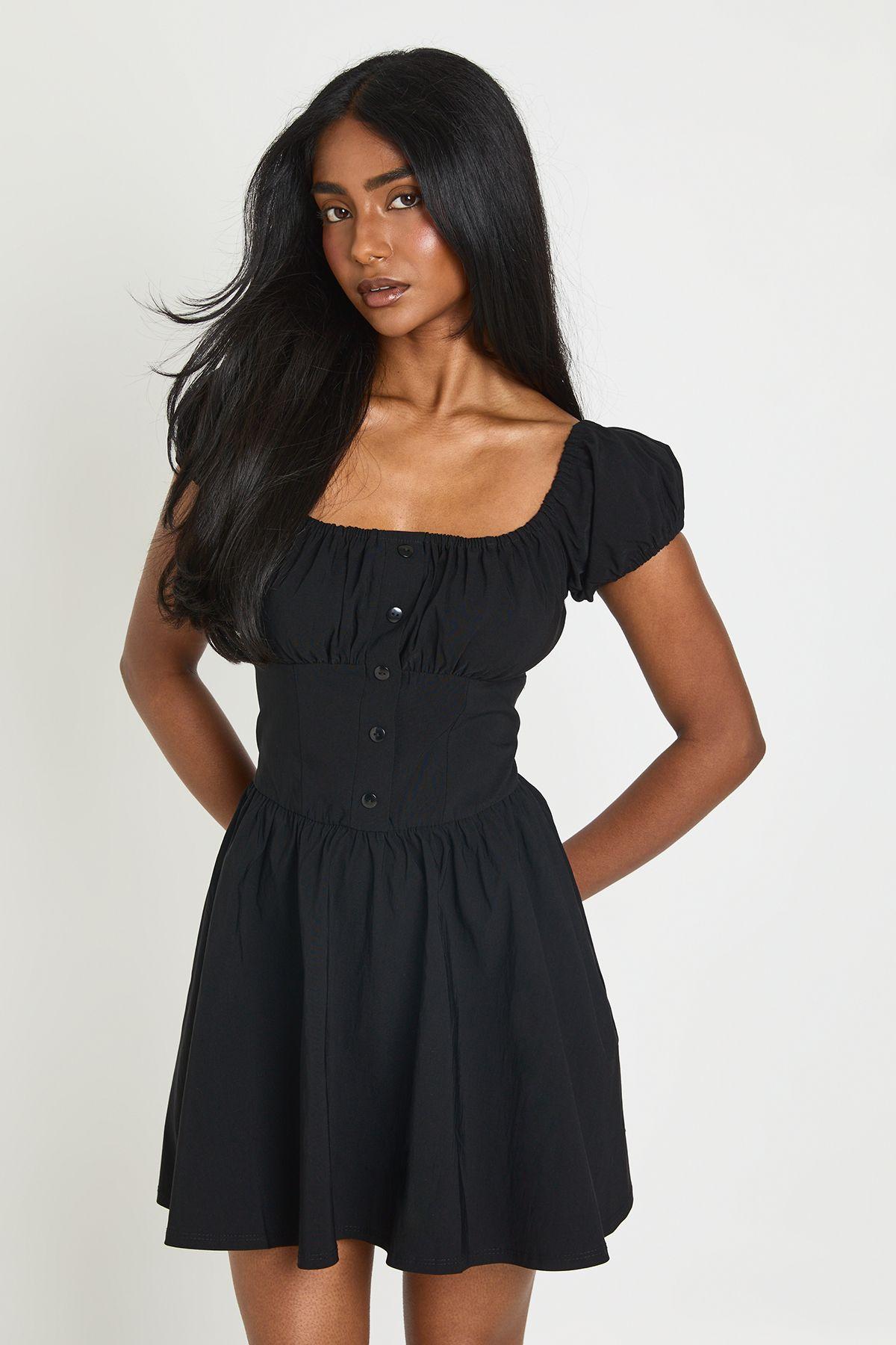 Volume Sleeve Milkmaid Mini Dress by BOOHOO