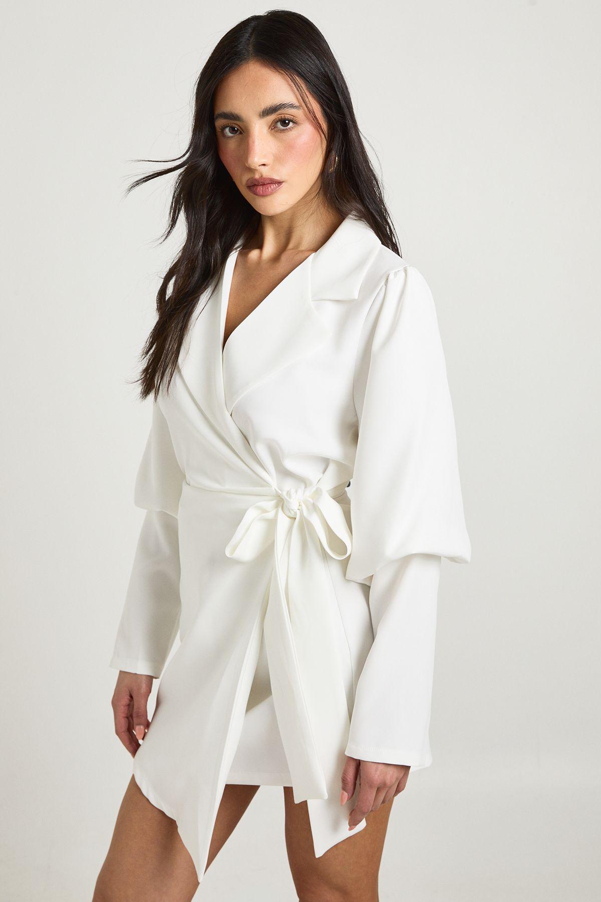 Volume Sleeve Tie Waist Blazer Dress by BOOHOO