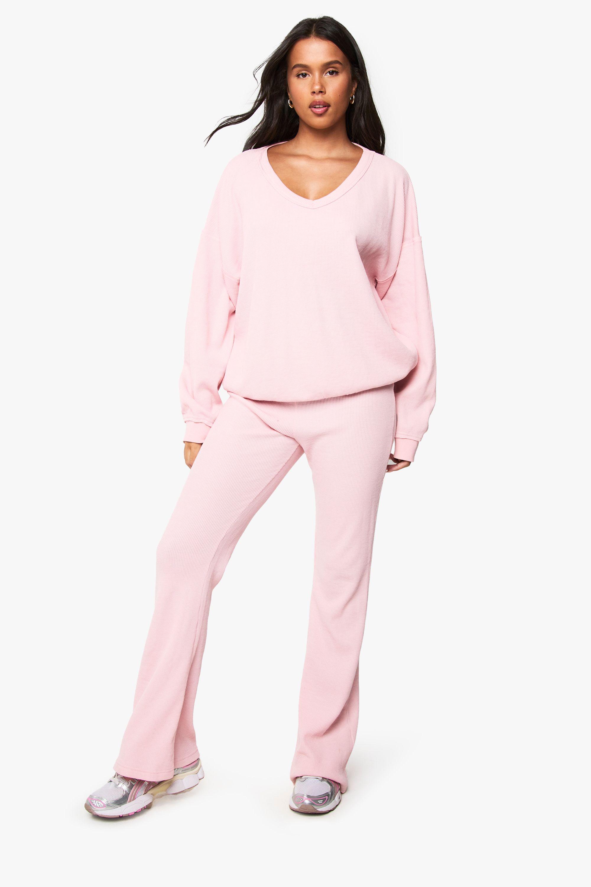 Waffle V Neck Slouchy Jumper and Flared Jogger Tracksuit by BOOHOO