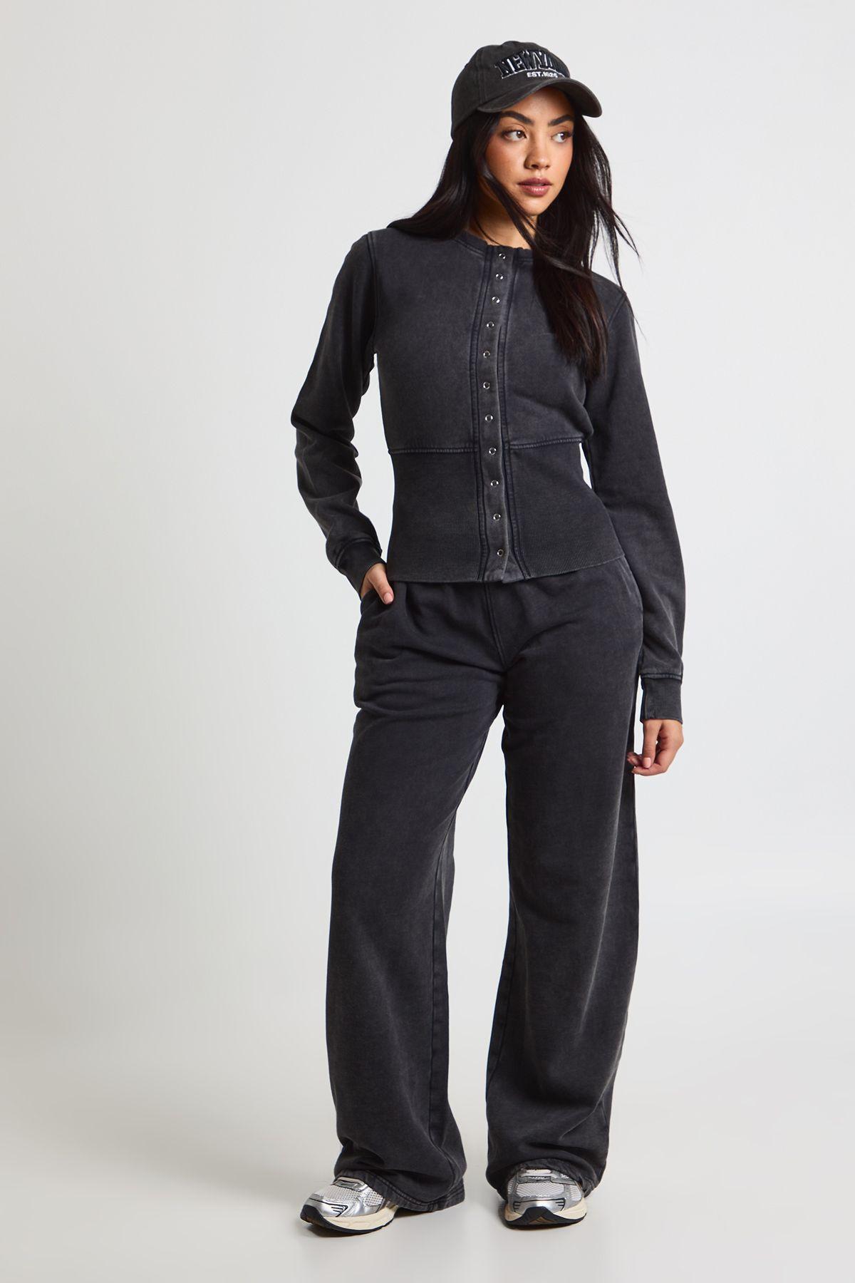 Washed Deep Hem Popper Bomber Sweatshirt Tracksuit by BOOHOO