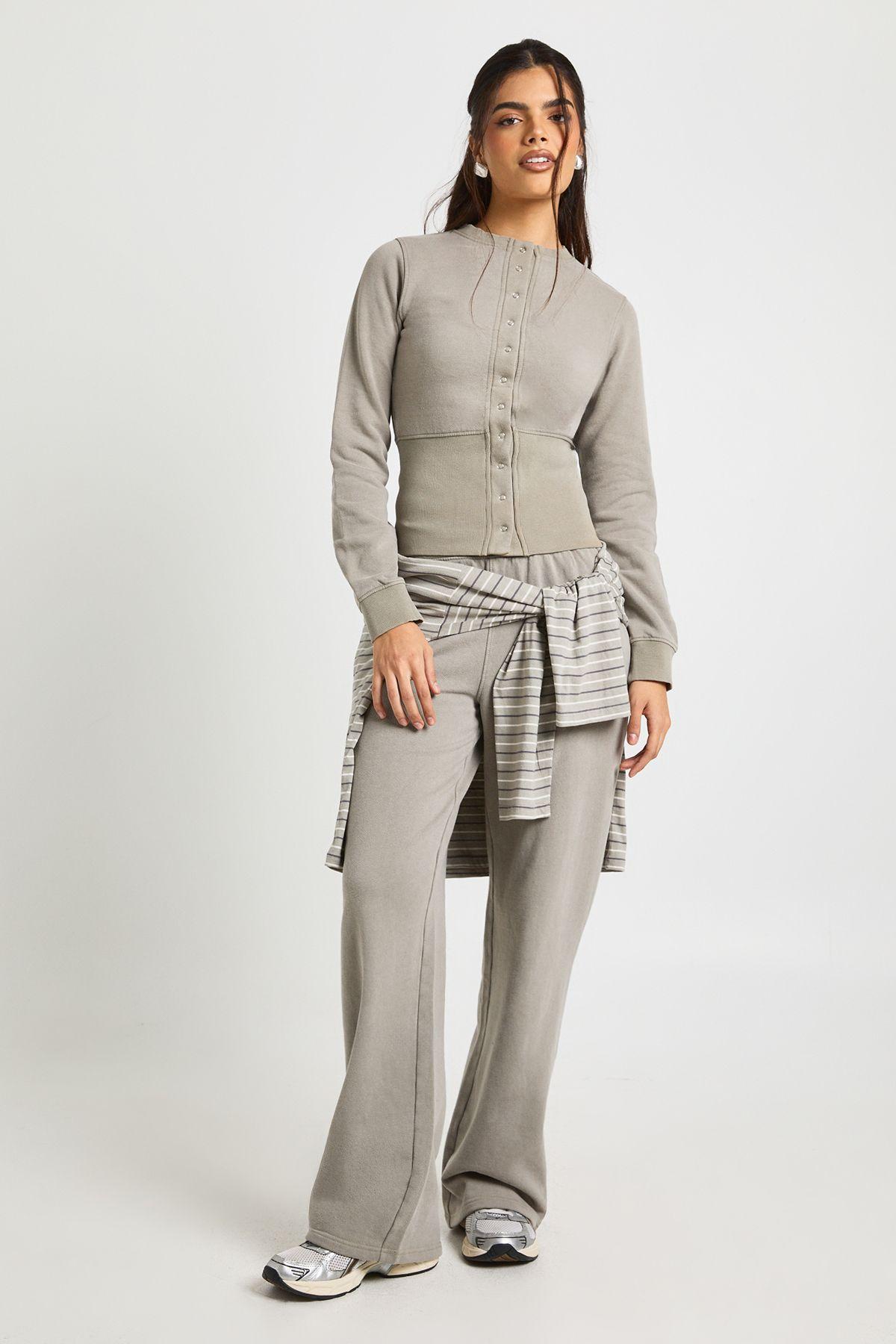 Washed Deep Hem Popper Bomber Sweatshirt Tracksuit by BOOHOO