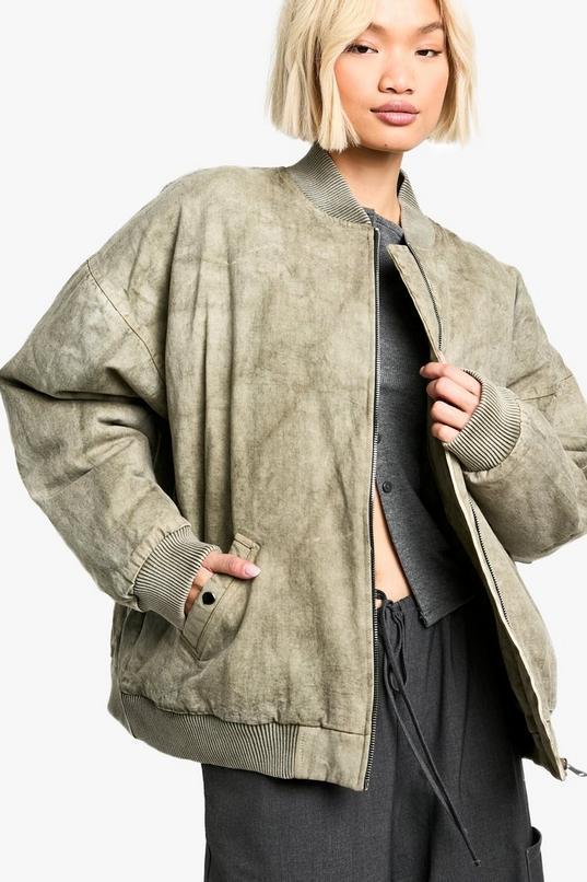 Washed Look Oversized Bomber Jacket by BOOHOO