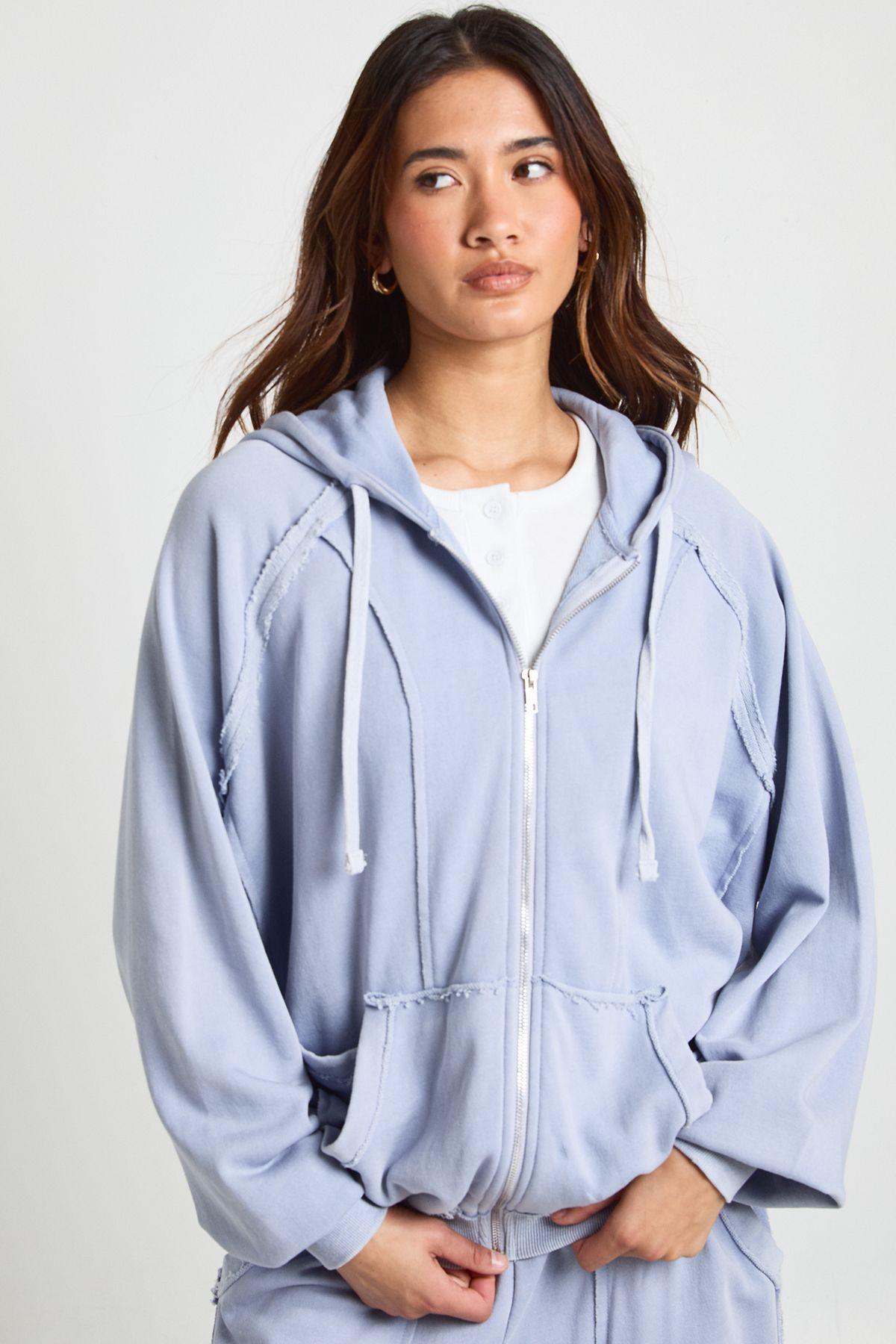 Washed Loopback Distressed Oversized Zip Through Hoodie by BOOHOO