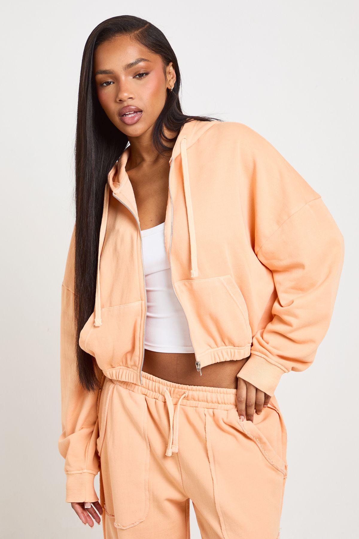 Washed Loopback Elasticated Hem Zip Through Hoodie by BOOHOO