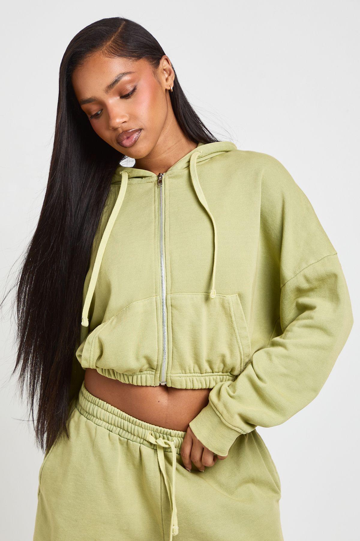 Washed Loopback Elasticated Hem Zip Through Hoodie by BOOHOO