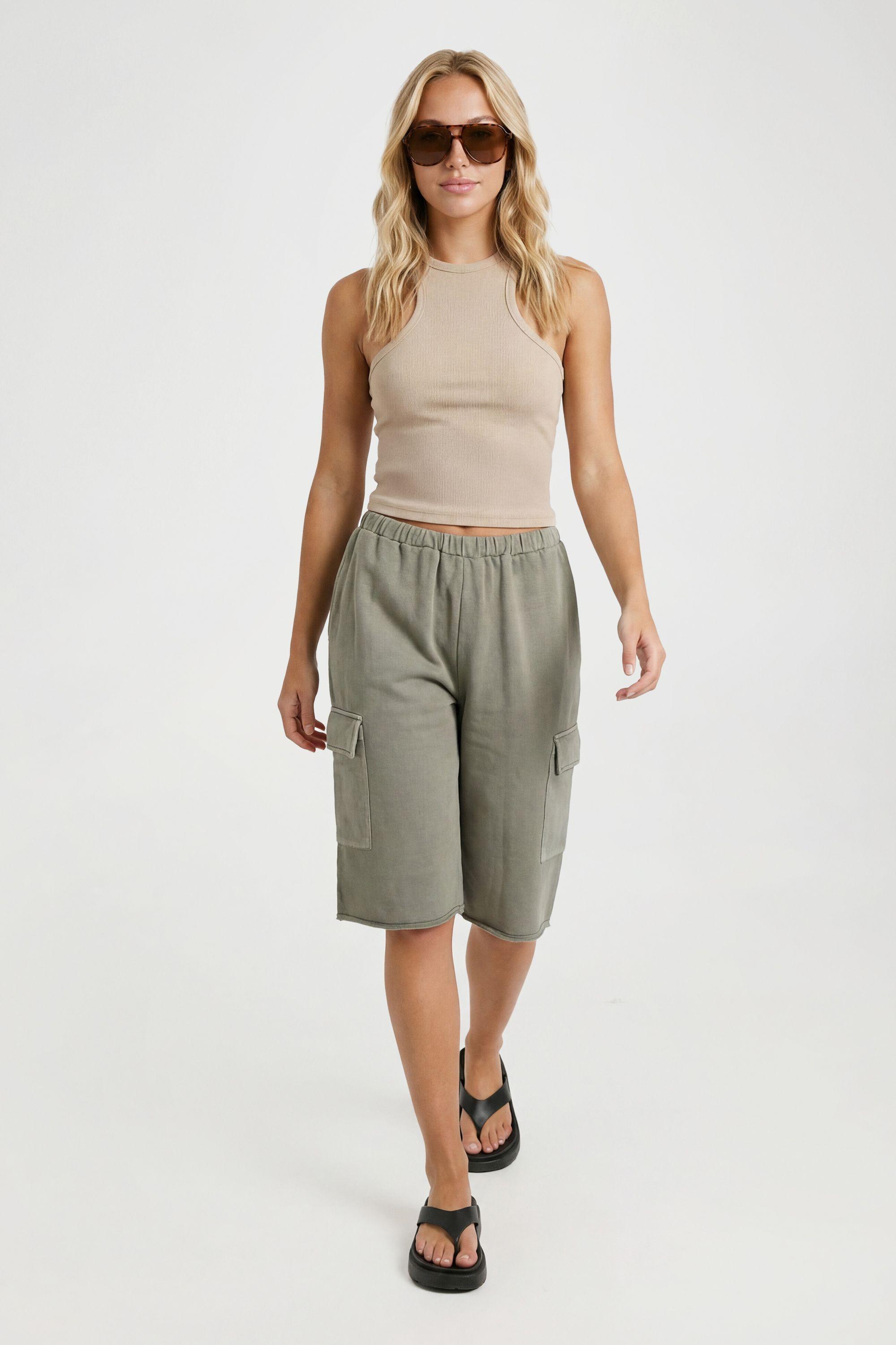 Washed Loopback Raw Hem Low Rise Cargo Jort by BOOHOO