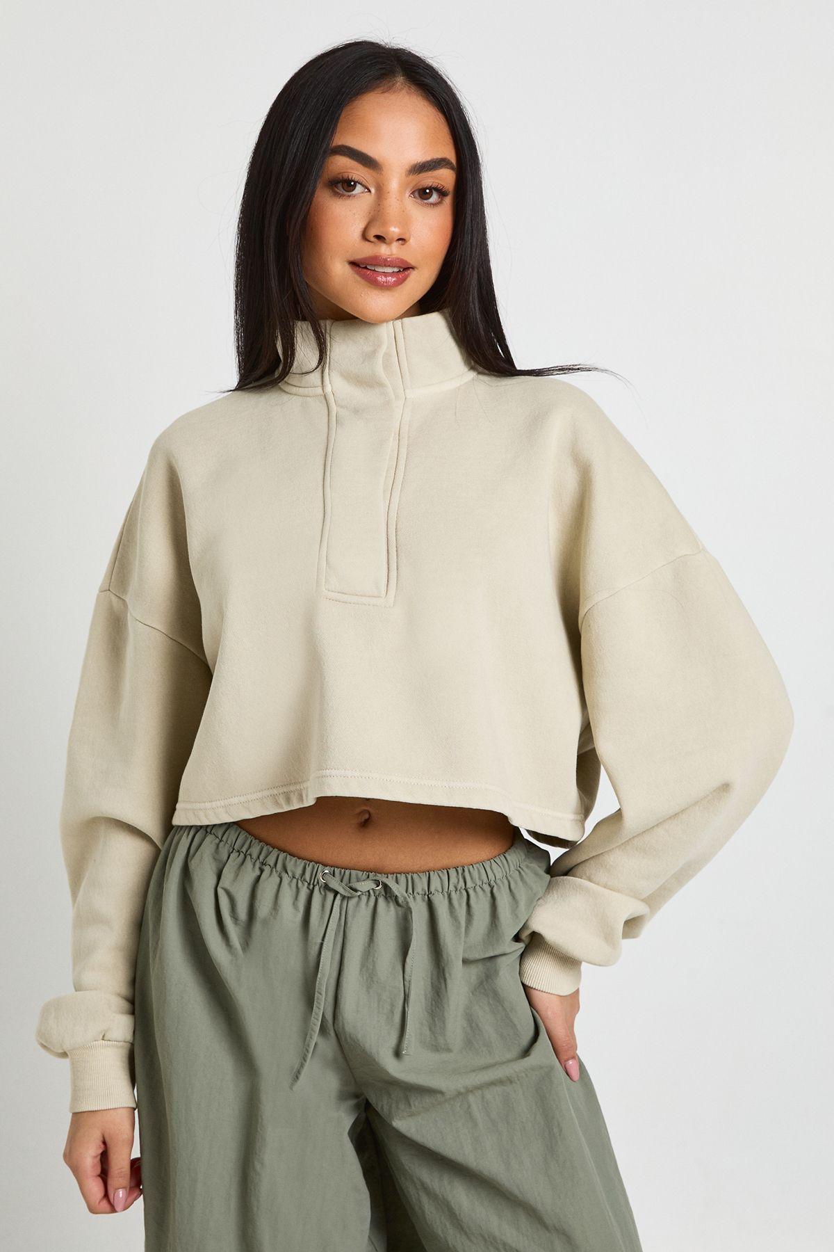 Washed Placket Detail Funnel Neck Cropped Sweatshirt by BOOHOO