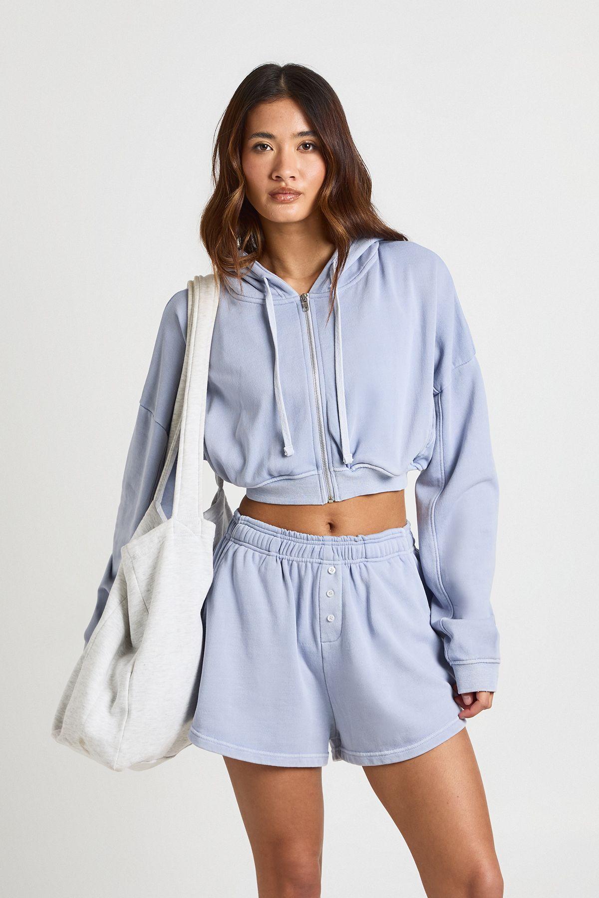 Washed Zip Through Hoodie And Henley Short Tracksuit by BOOHOO