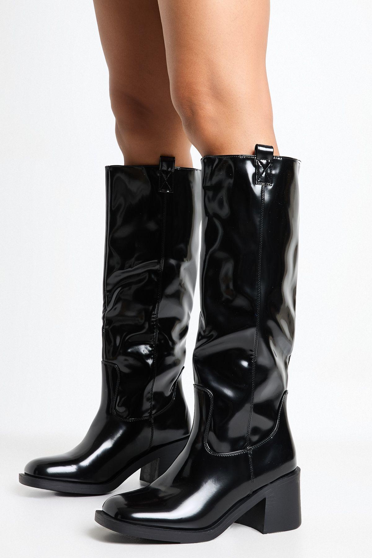 Western Block Heel Knee High Boots by BOOHOO