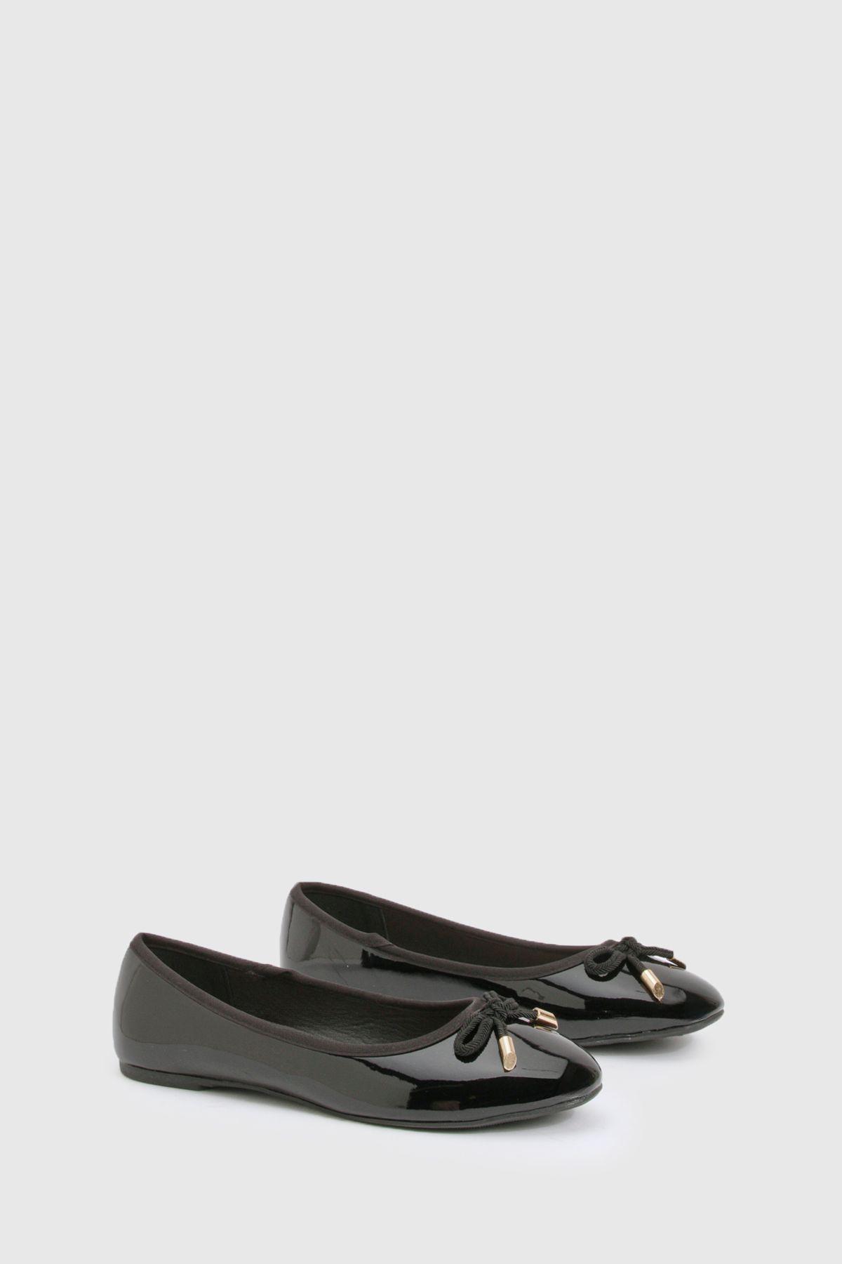 Wide Fit Bow Detail Patent Ballet Pumps by BOOHOO