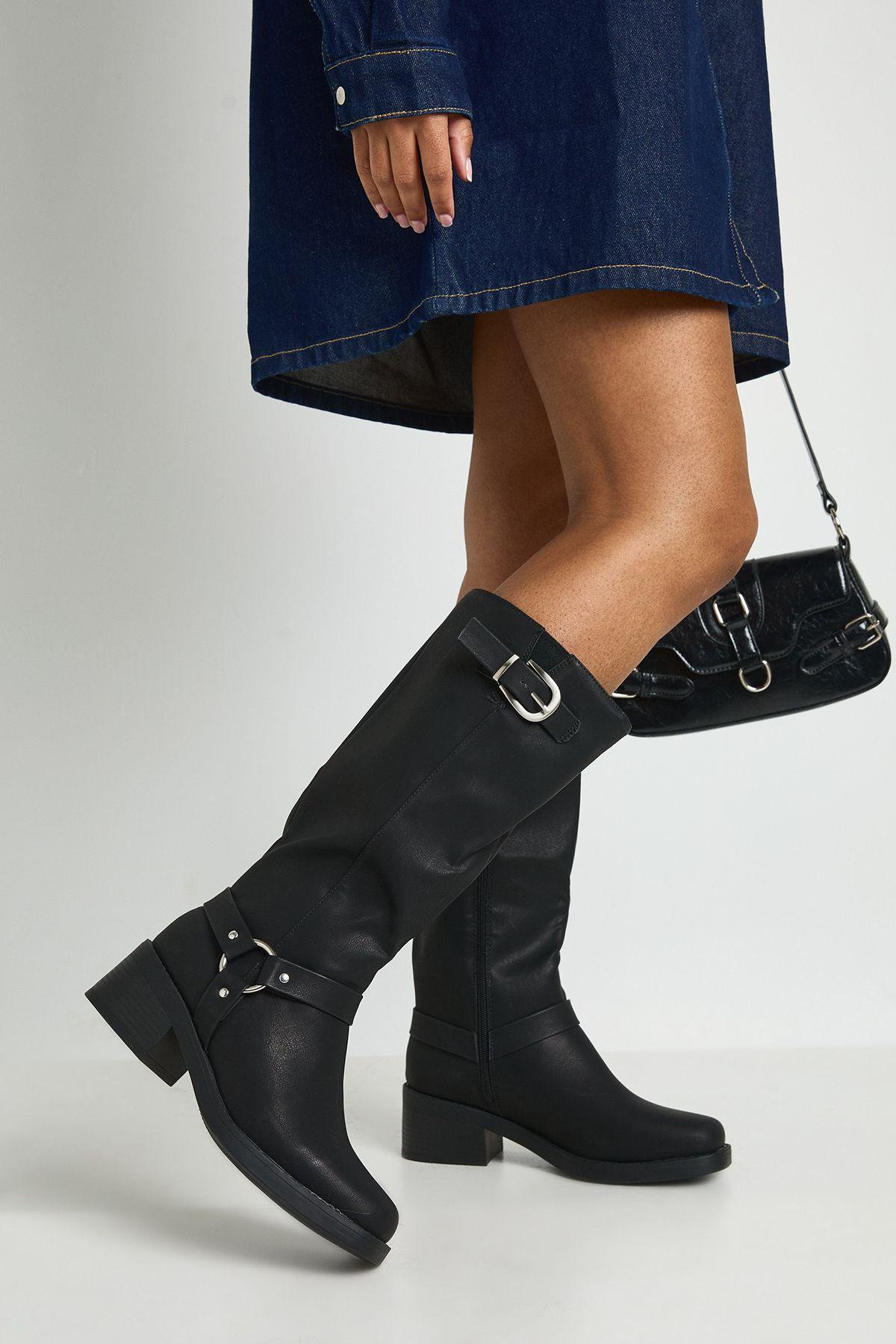 Wide Fit Buckle Knee High Biker Boots by BOOHOO